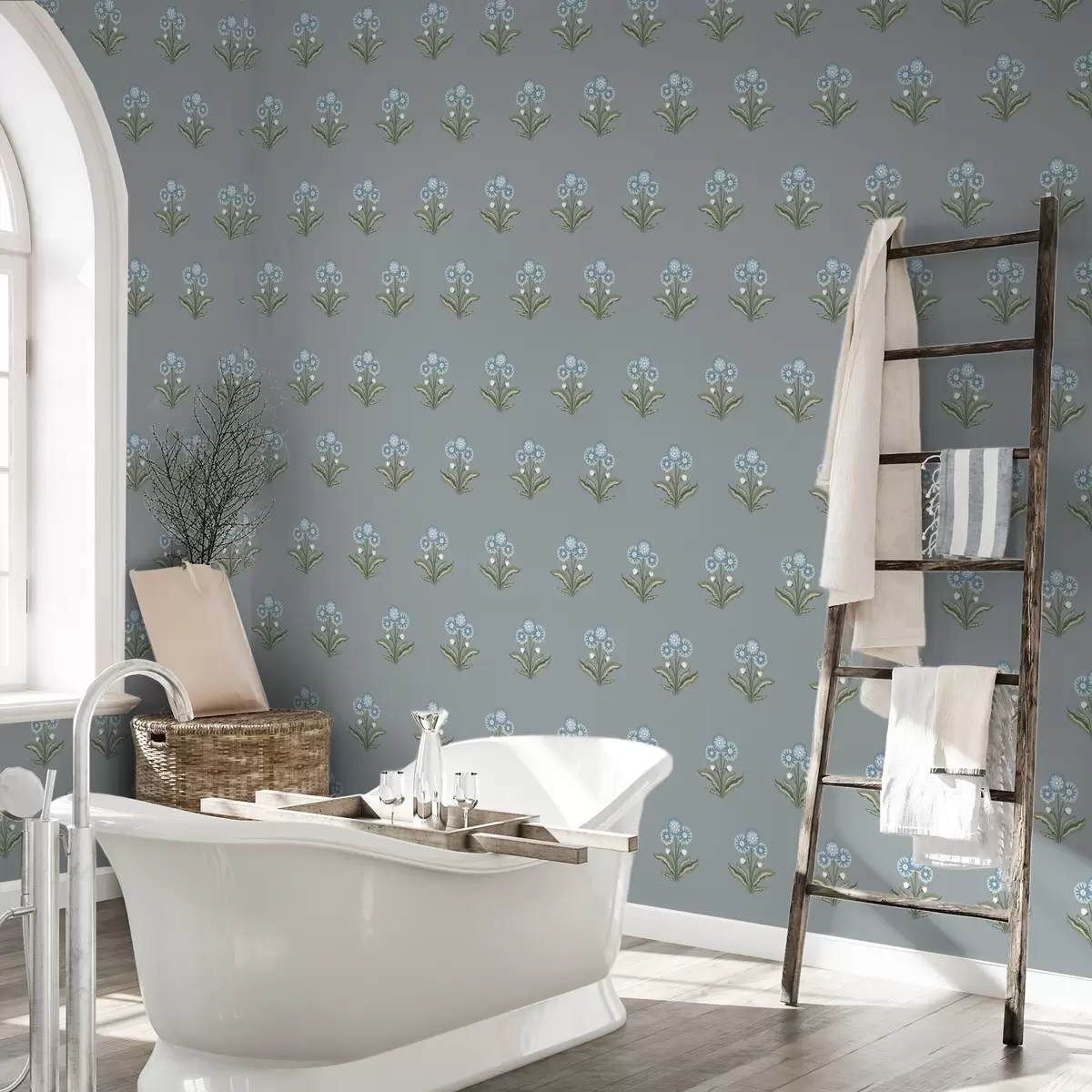 Papier peint Fleurs stylisées sur fond gris-bleu, palette de couleurs froides a00494v1