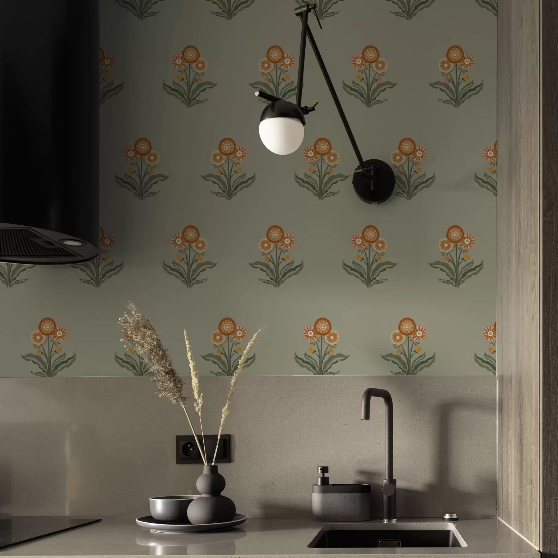 Murale Fleurs stylisées sur fond olive, tons chauds a00494v2