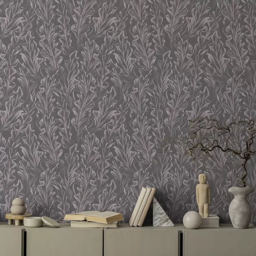 Fototapete Fließende Blattwellen auf graphitfarbenem Hintergrund, hoher Kontrast a00495v1