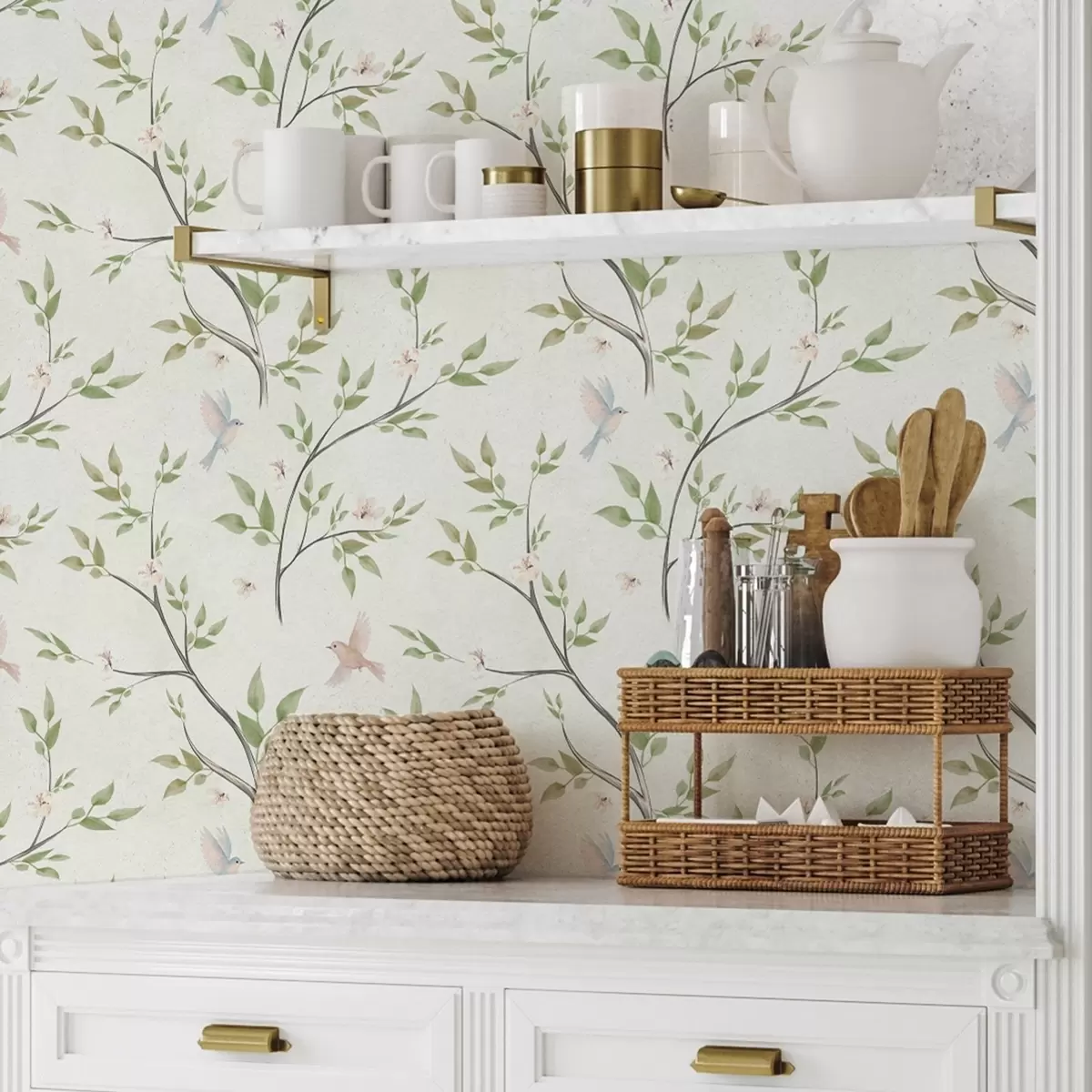 Baggrund Akvarelgrene med blade og fugle på en lys baggrund a00496