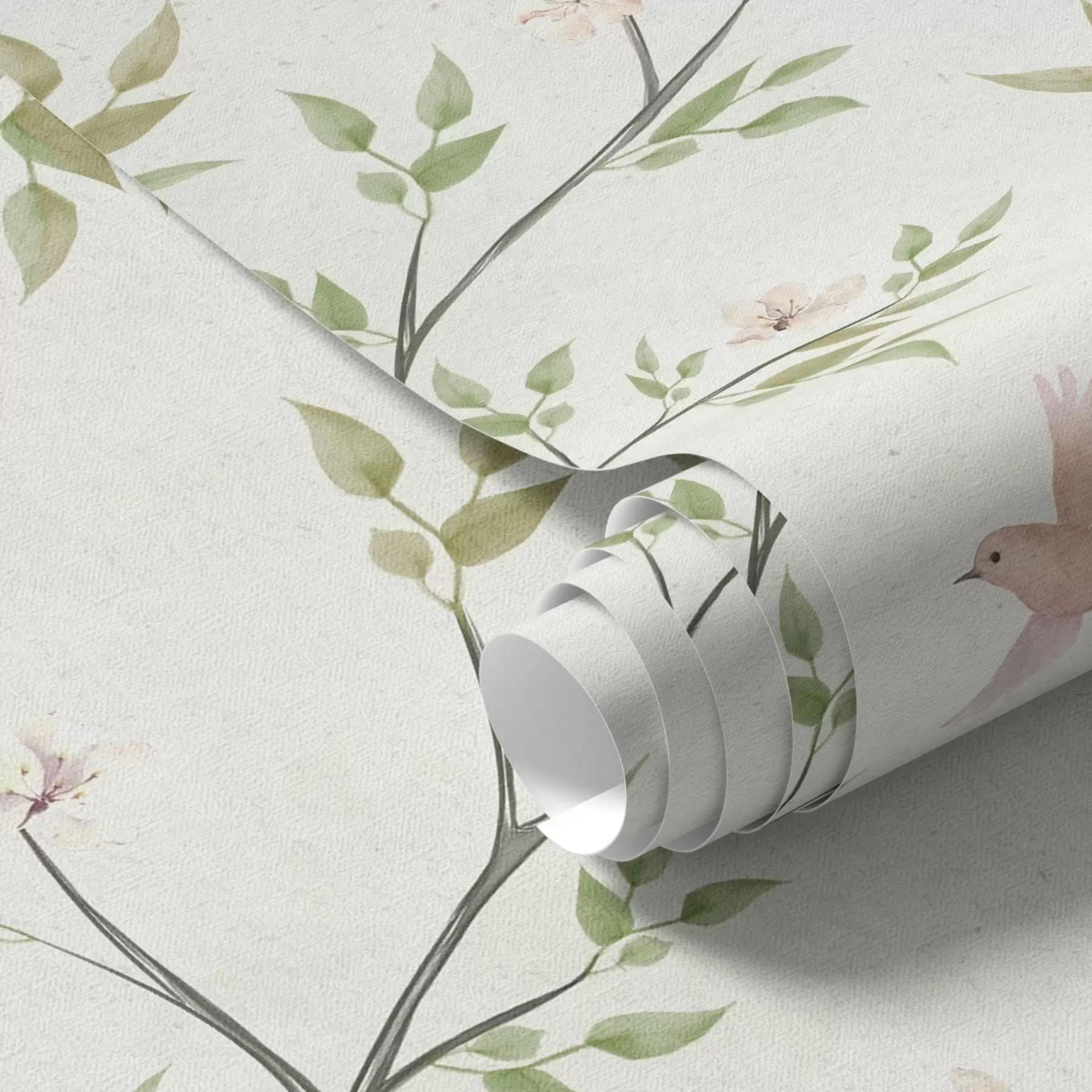 Murale Branches aquarellées avec feuilles et oiseaux sur fond clair a00496