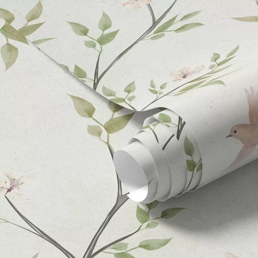 fototapeter Akvarelgrene med blade og fugle på en lys baggrund a00496