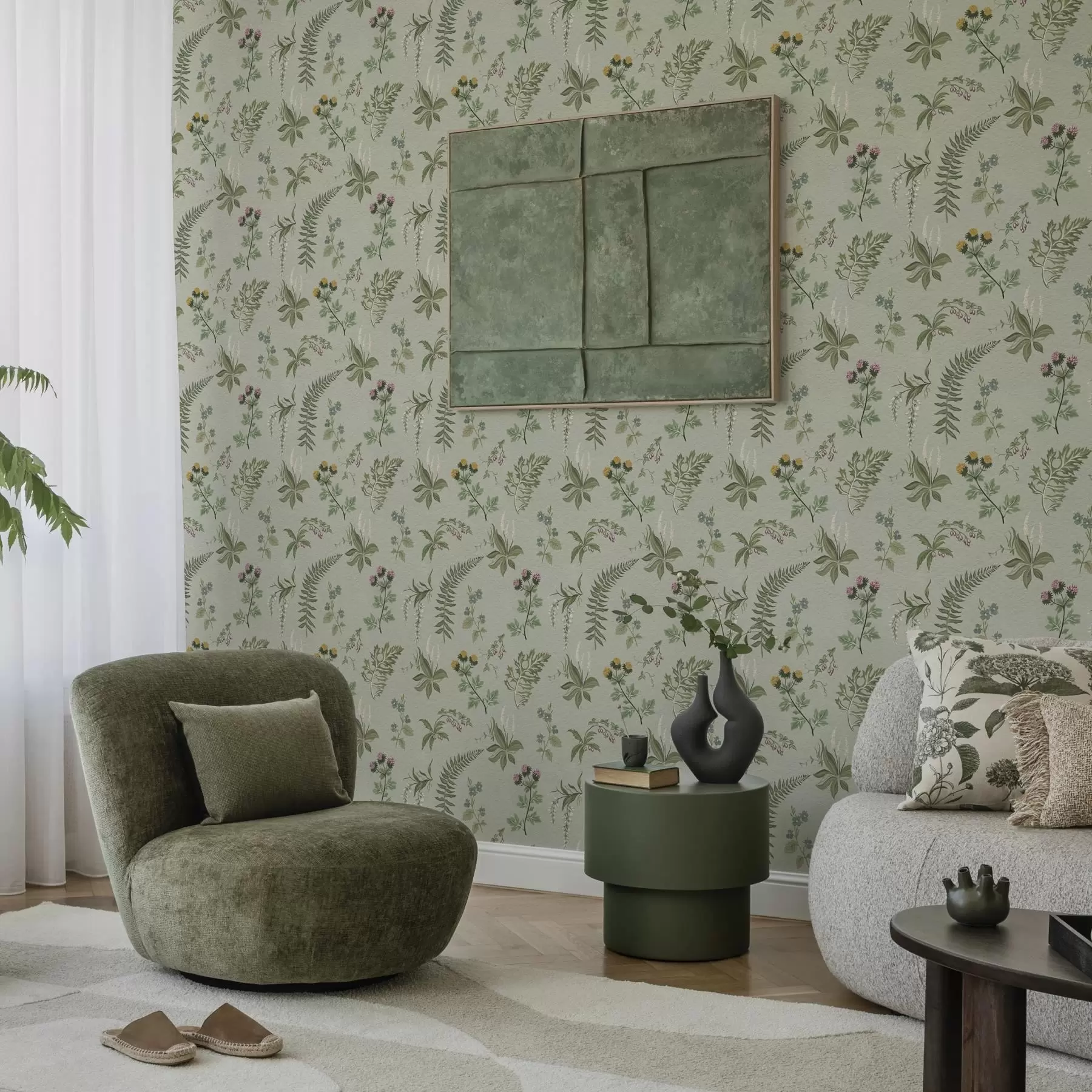 Murale Herbes botaniques et fougères sur fond gris-vert pâle a00498