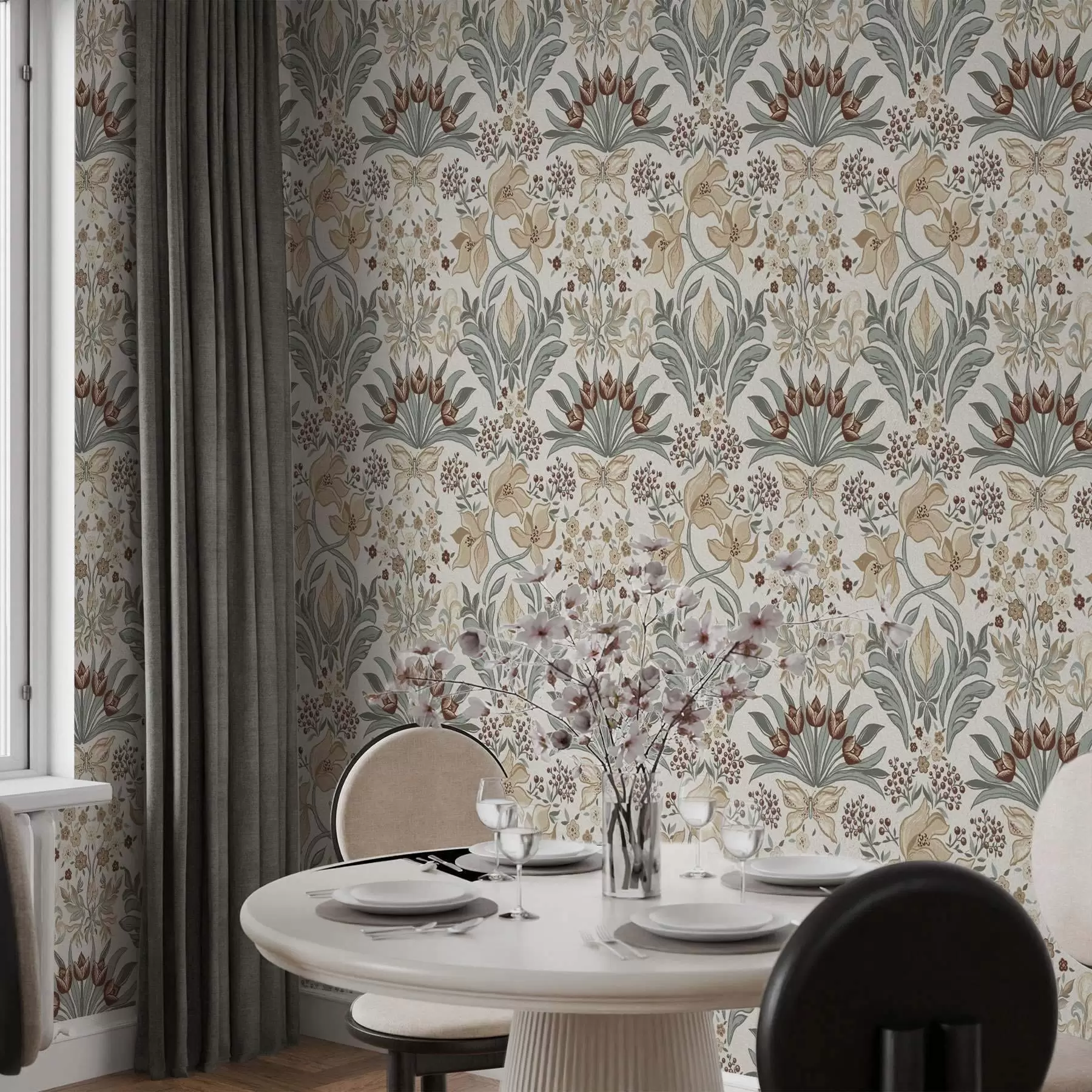 Fototapete Dekorative Lilien und ein Schmetterling auf cremefarbenem Hintergrund a00500