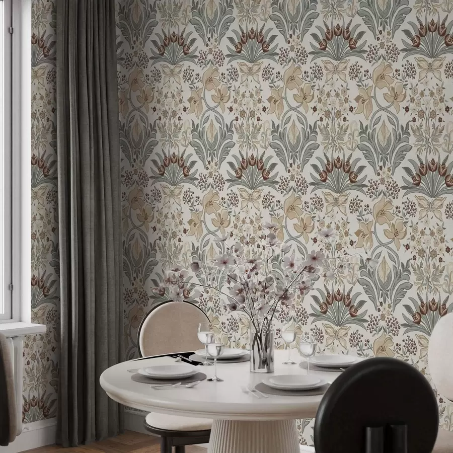 fototapeter Dekorative liljer og en sommerfugl på en cremefarvet baggrund a00500