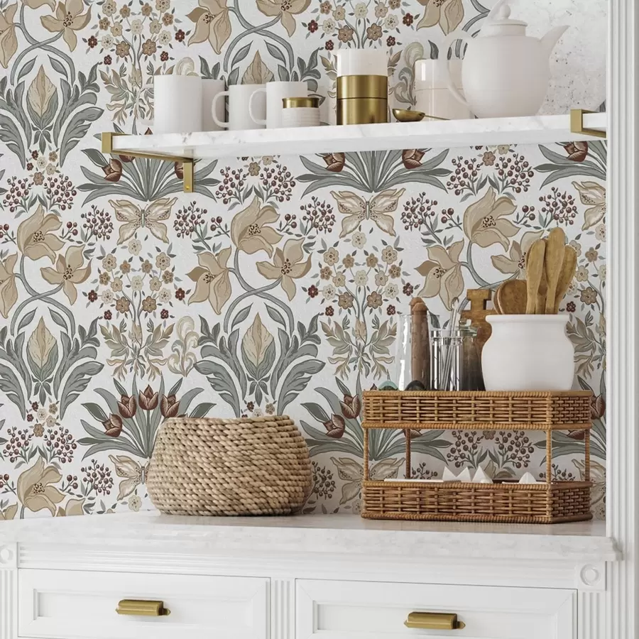 fototapeter Dekorative liljer og en sommerfugl på hvid baggrund a00500v1