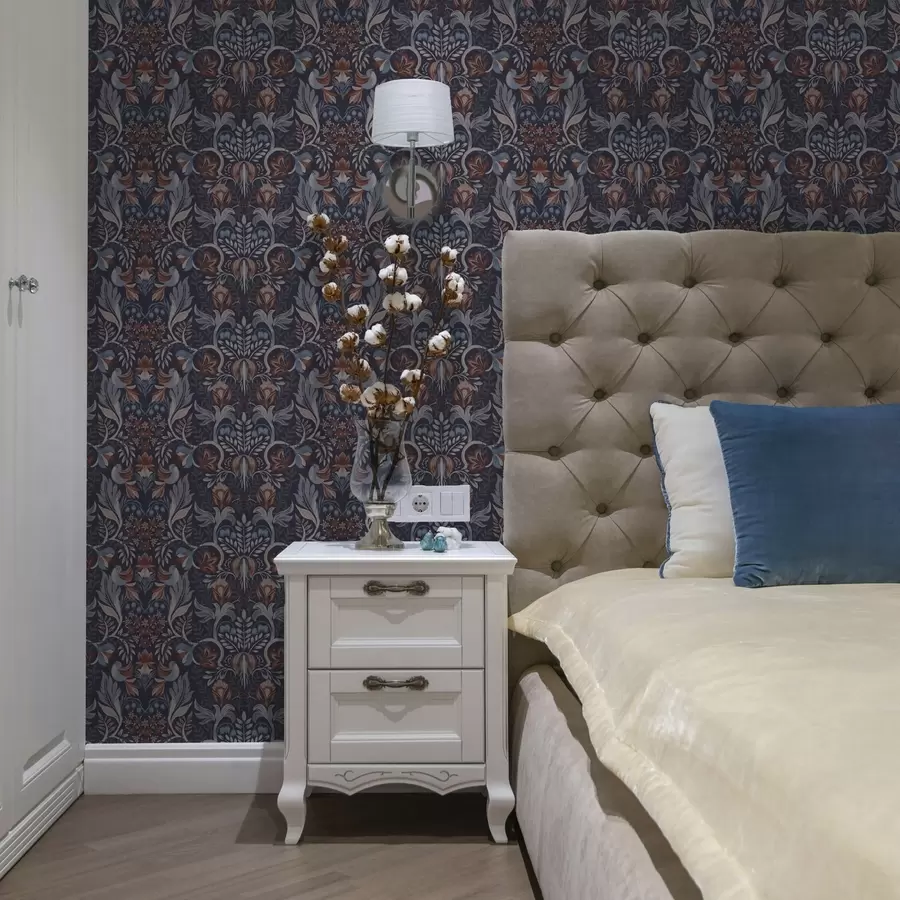 Murale Fleurs et oiseaux folkloriques sur fond bleu foncé a00502