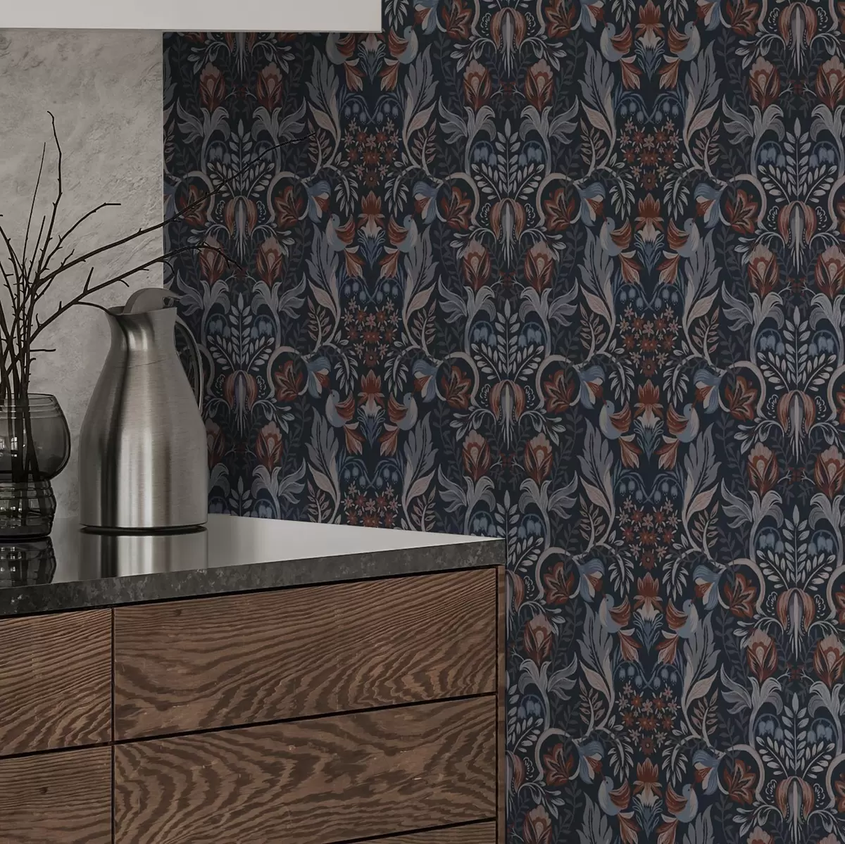 Baggrund Folkemotiv med fugle, dyb indigo a00502v1