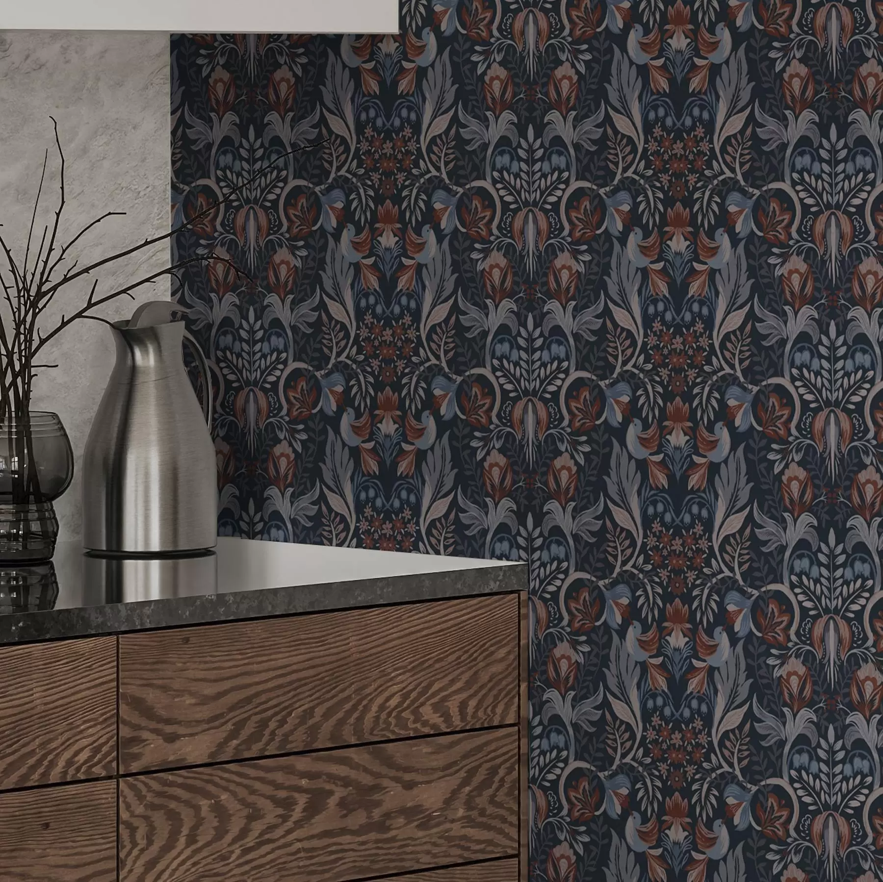 Murale Ornement folklorique avec des oiseaux, indigo foncé a00502v1