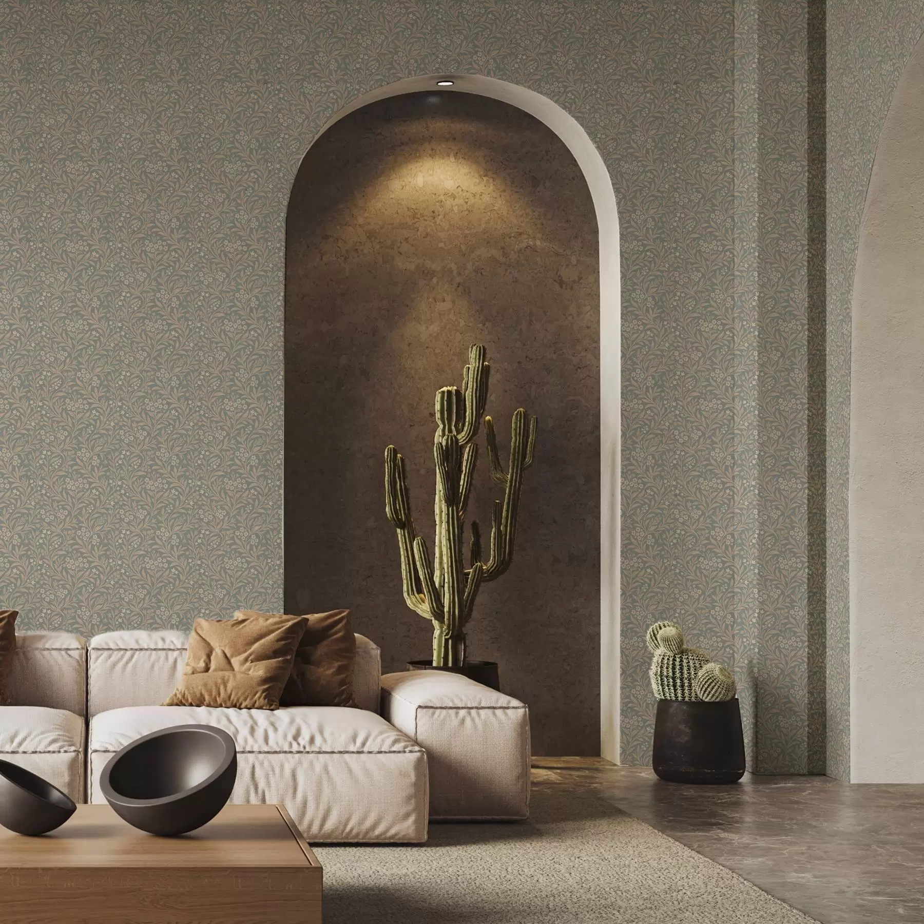 fototapeter Morris-stil: beige grene på en grågrøn baggrund a00569