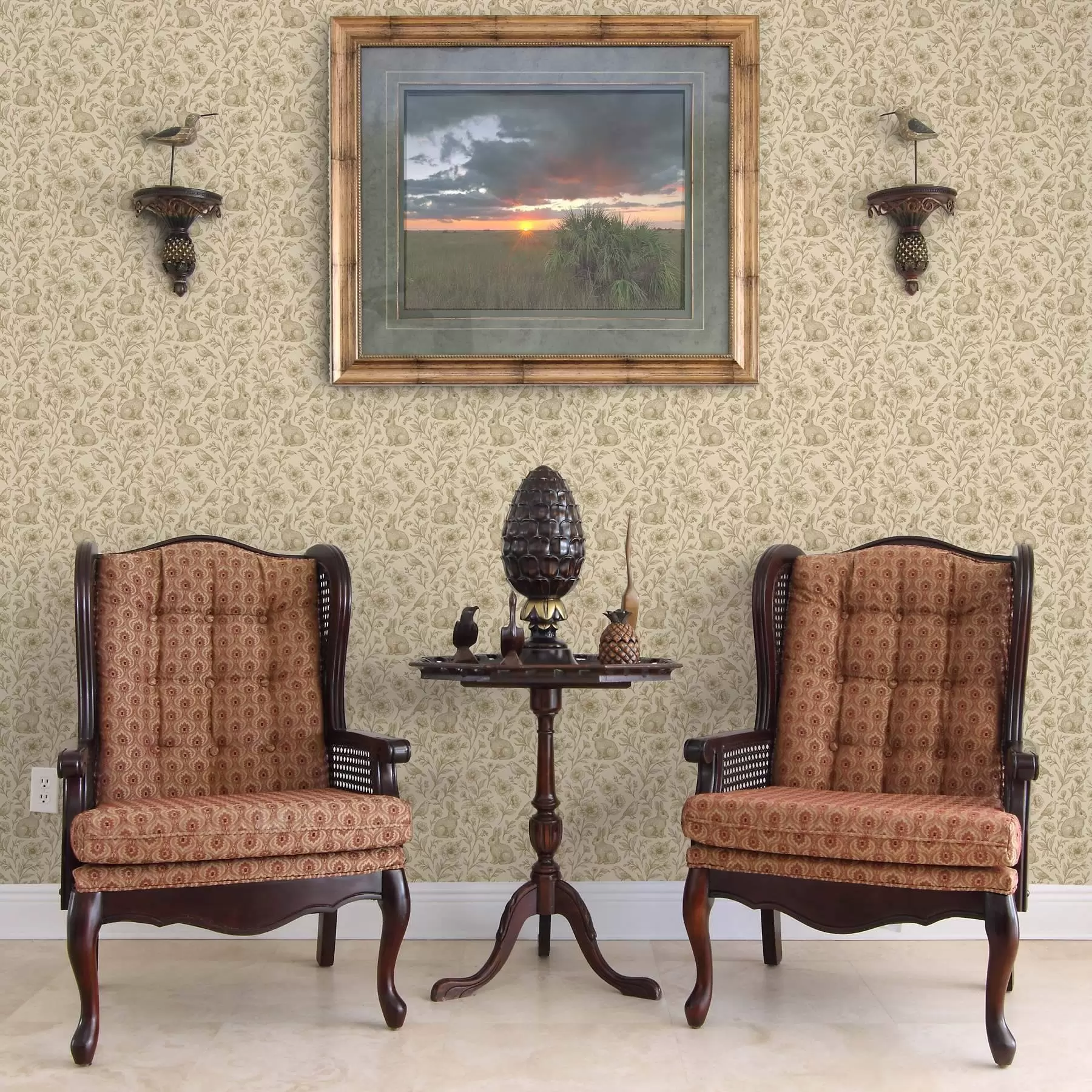 fototapeter Kaniner og fugle i blomstermønster a00571