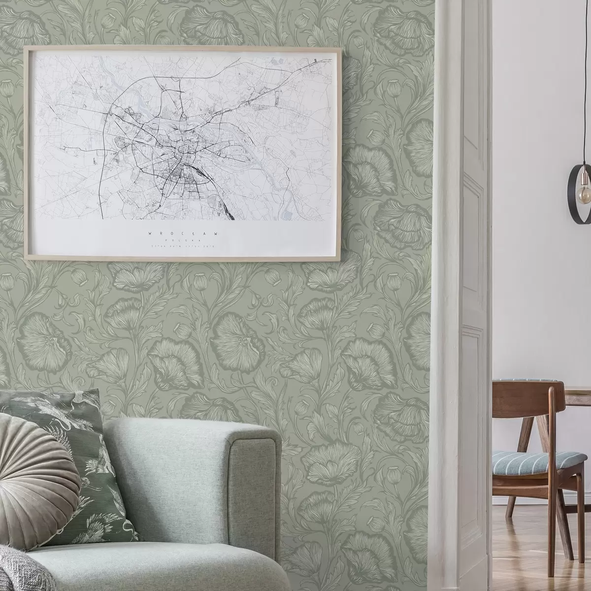 Baggrund Stregtegninger af valmuer på en grågrøn baggrund a00572v1