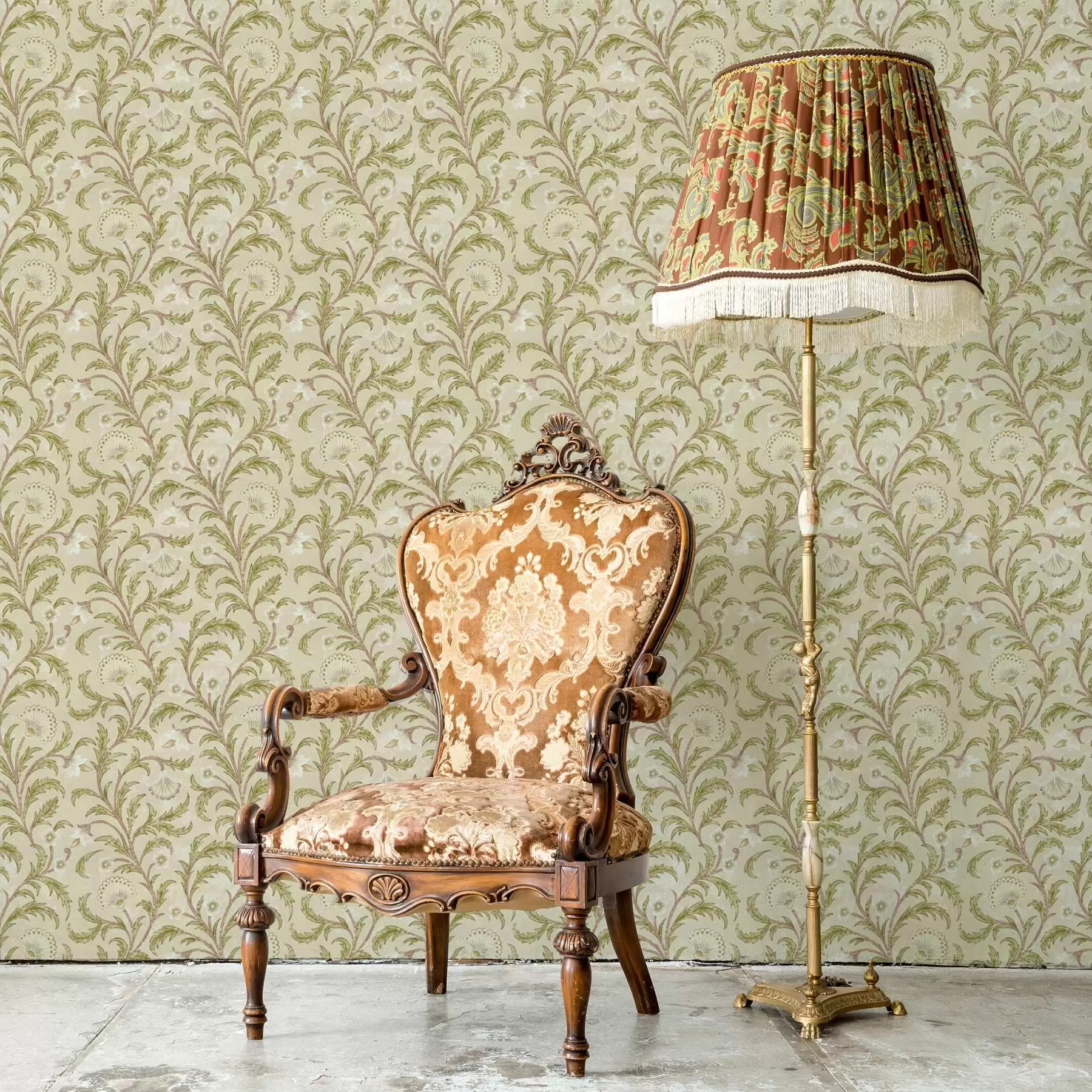 Murale Ornement vintage avec volutes et fleurs, beige et olive a00574