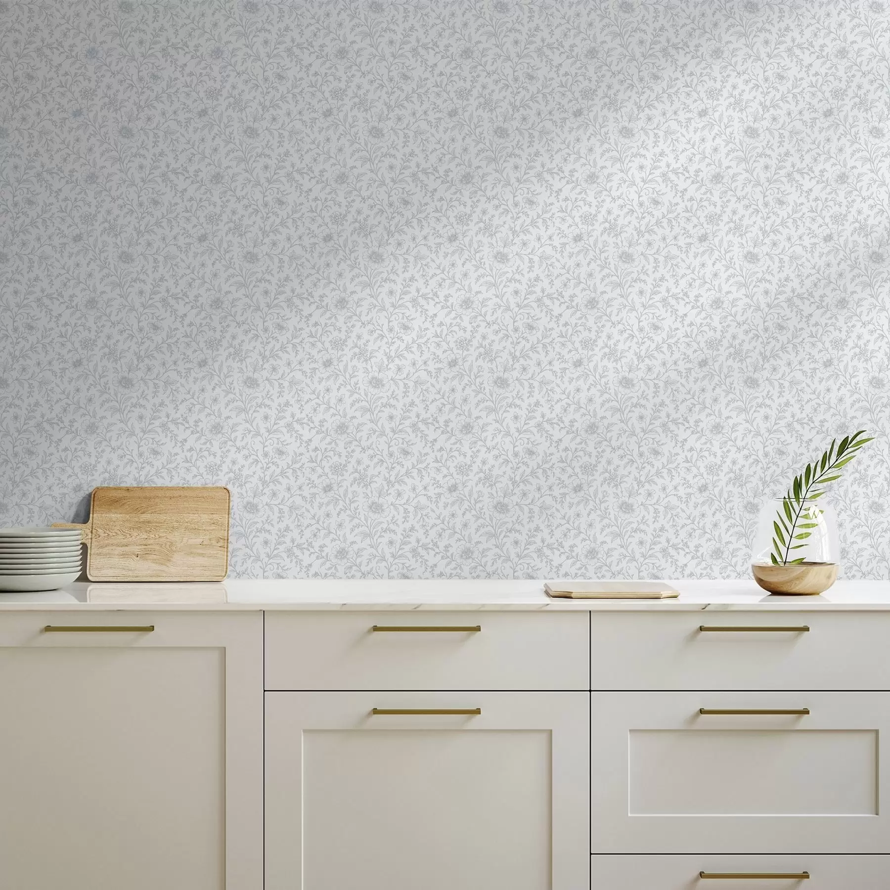 Murale Fines fleurs dessinées au trait bleu sur fond blanc cassé a00576