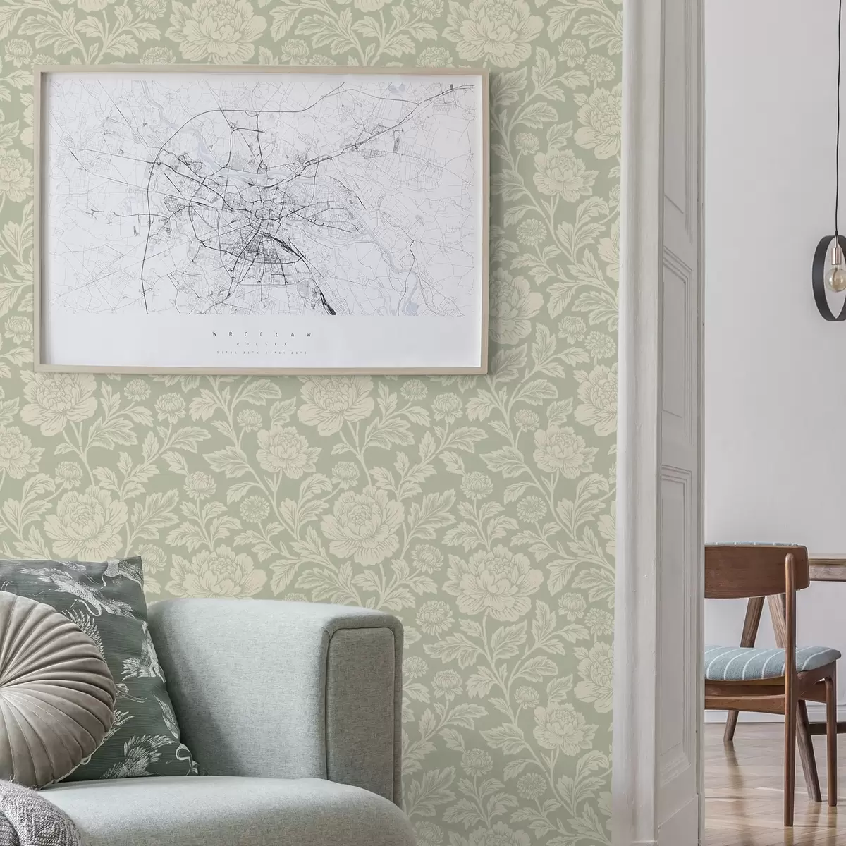 Tapete Große Strichzeichnungen von Pfingstrosen auf salbeifarbenem Hintergrund a00582