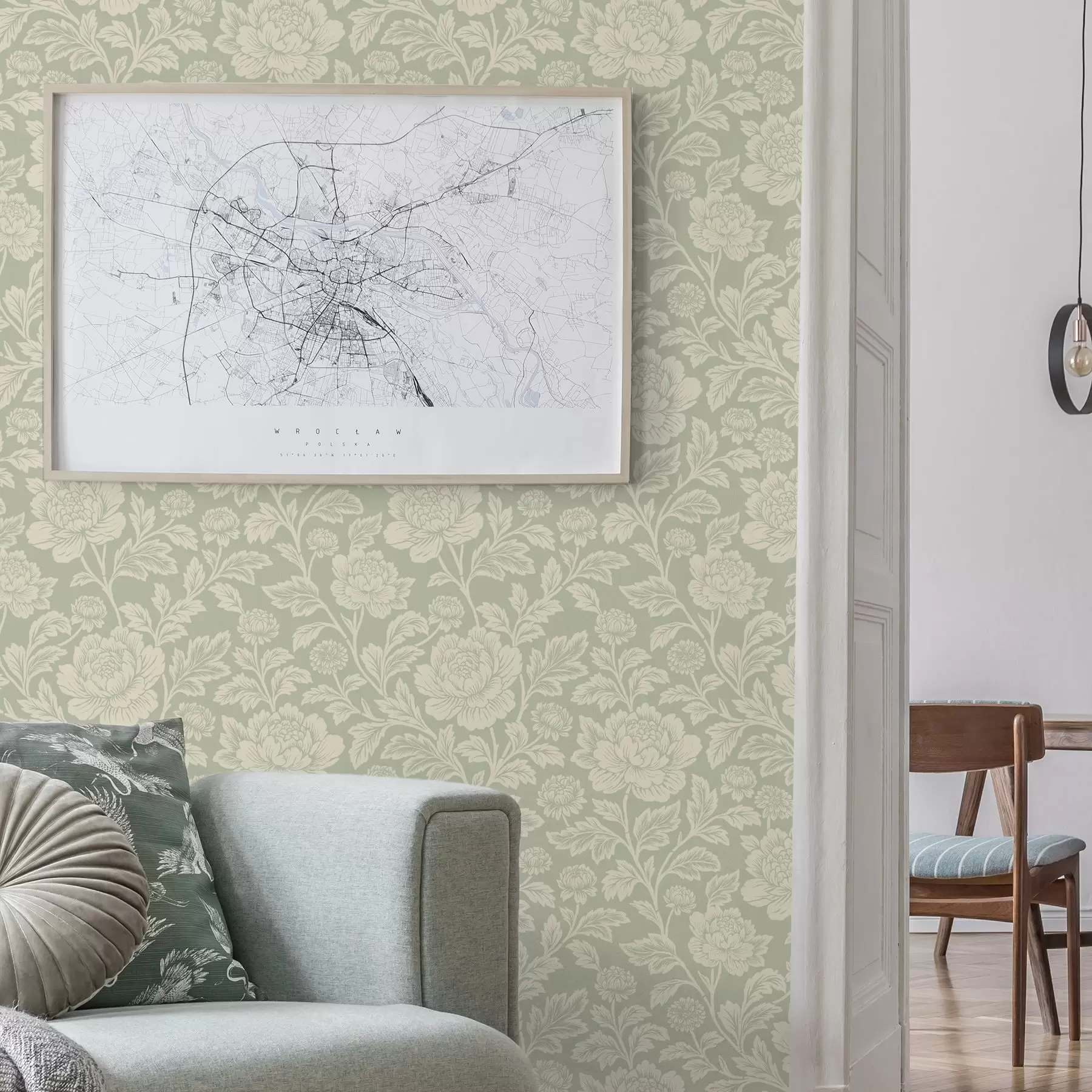 fototapeter Store stregtegninger af pæoner på en salviefarvet baggrund a00582