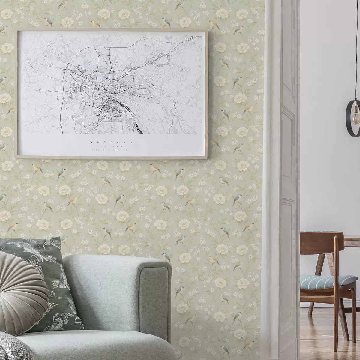 Tapete Vögel zwischen weißen Blüten auf grau-grünem Hintergrund a00583