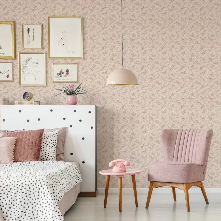 fototapeter Fugle og roser, vintage mønster på pudderrosa a00587