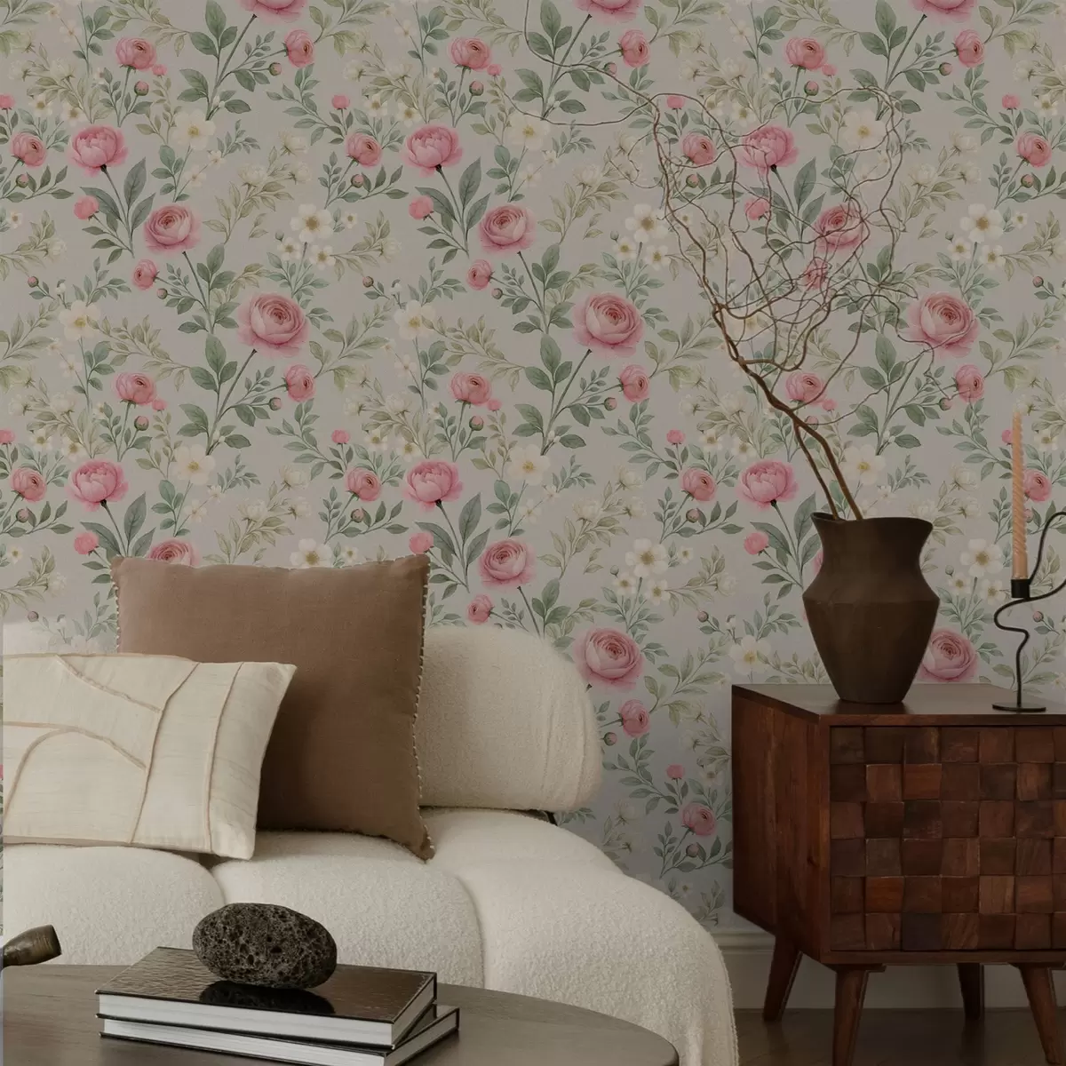 Baggrund Akvarelpæoner og hvide blomster på gråbeige a00592