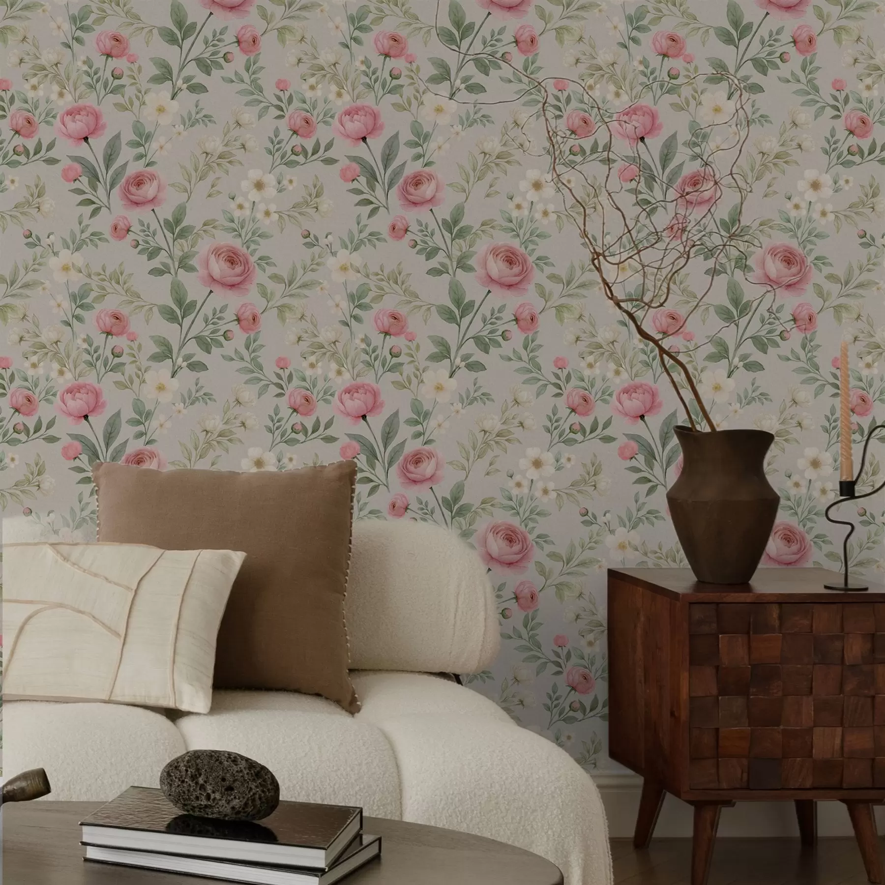 Fototapete Aquarell-Pfingstrosen und weiße Blumen auf grau-beigem Hintergrund a00592