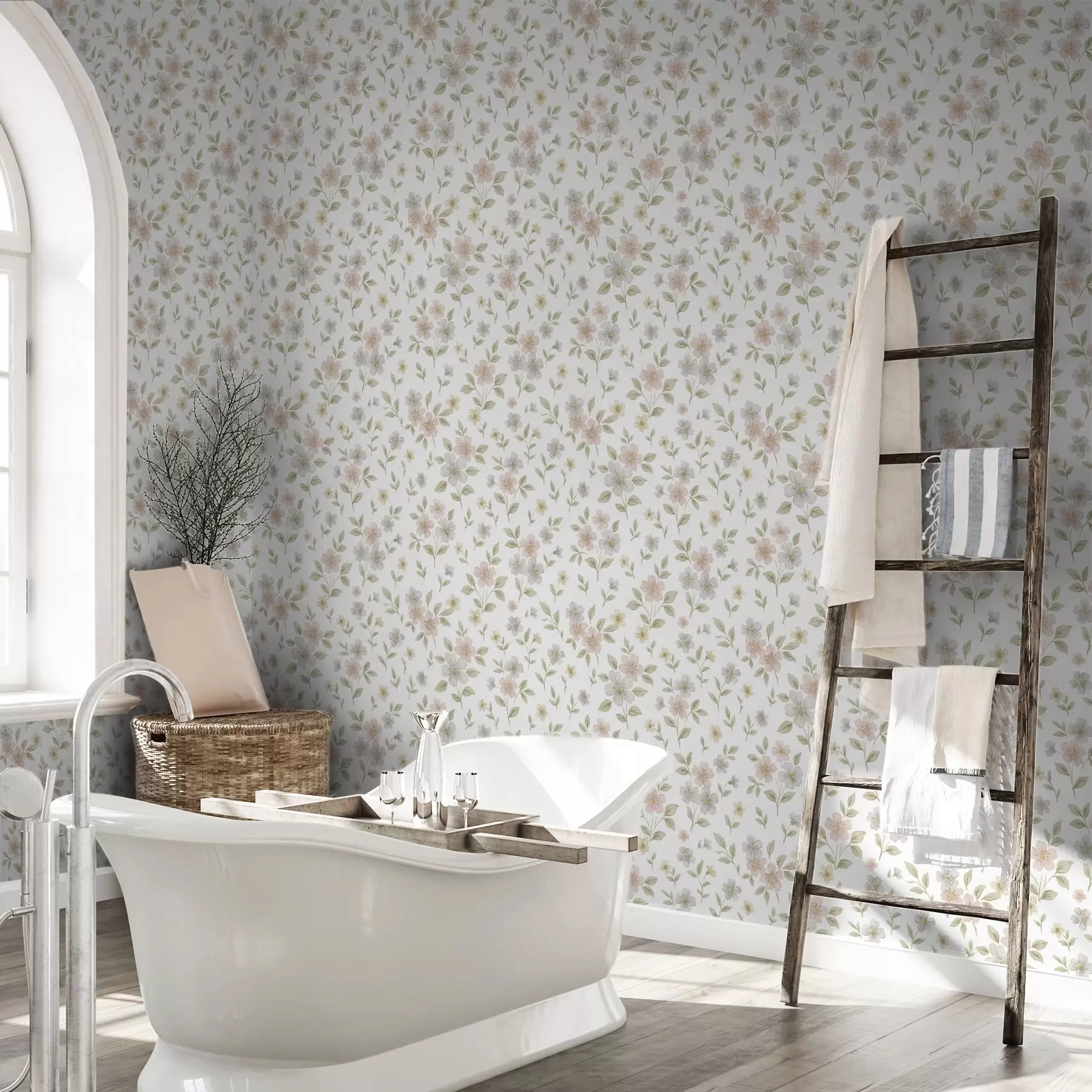 Fototapete Kleine Aquarellblumen in Pastelltönen auf weißem Hintergrund a00596v1