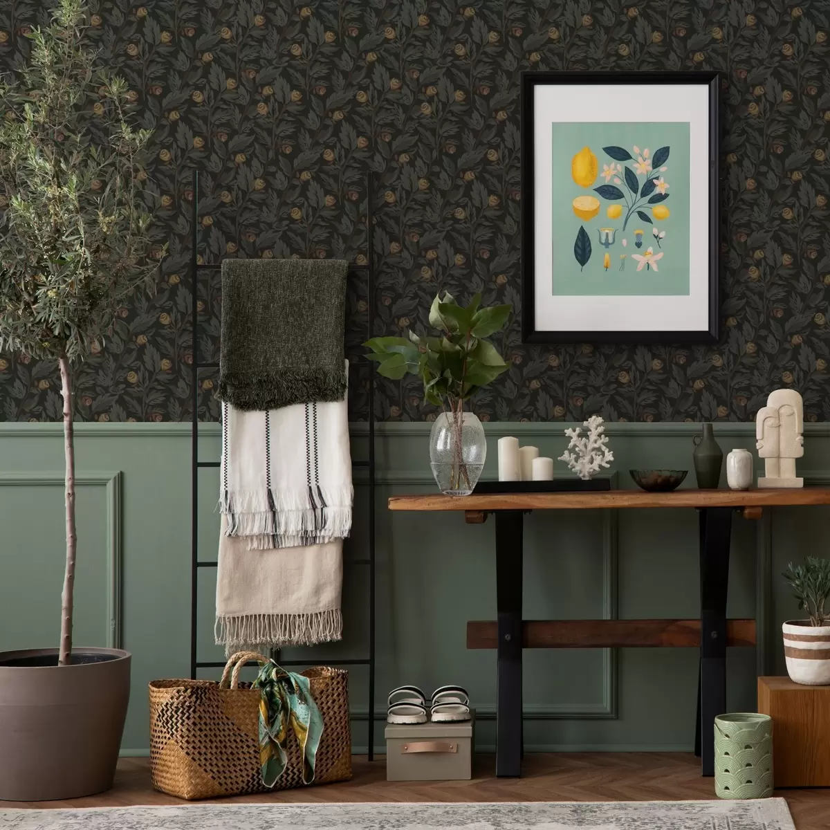 Baggrund Mørkt blomstermønster med gule knopper og blade a00598