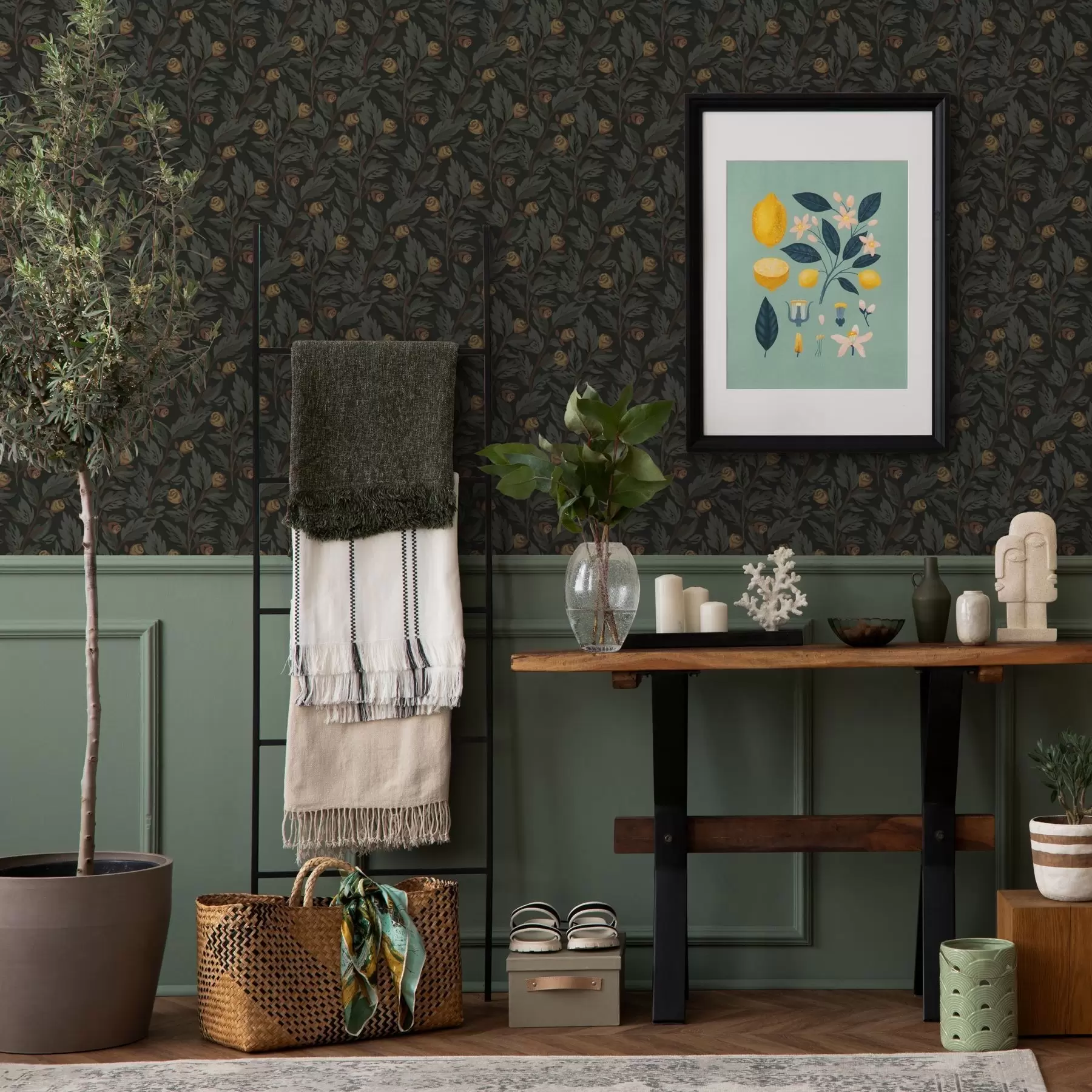 fototapeter Mørkt blomstermønster med gule knopper og blade a00598