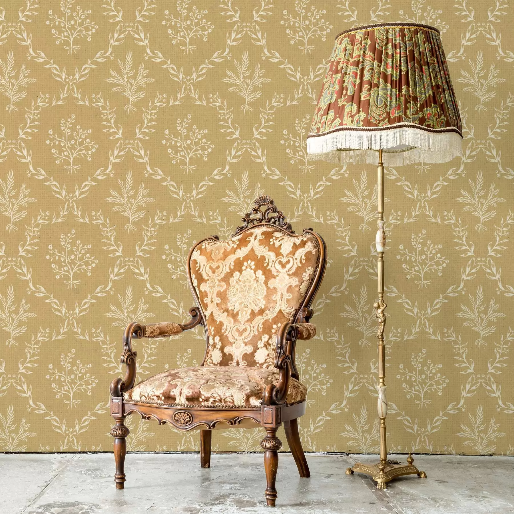 fototapeter Hvide kranse af urter og blomster på sennepsfarvet baggrund a00599