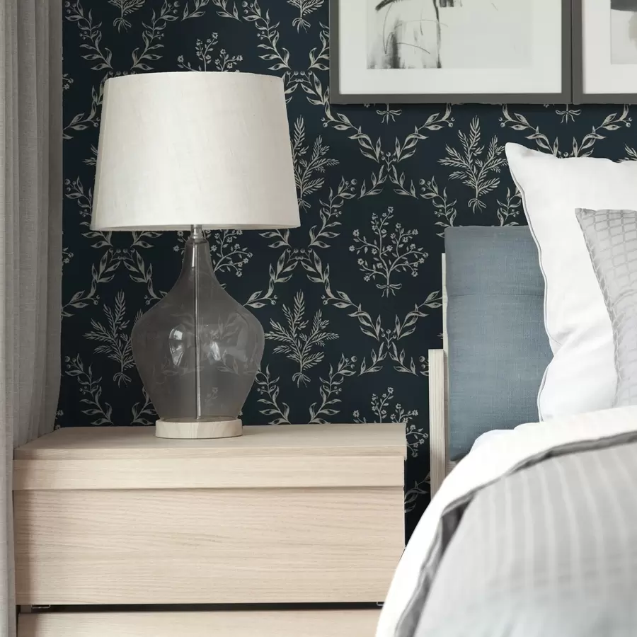 fototapeter Hvide kranse af urter og blomster på mørk blågrøn baggrund a00599v2