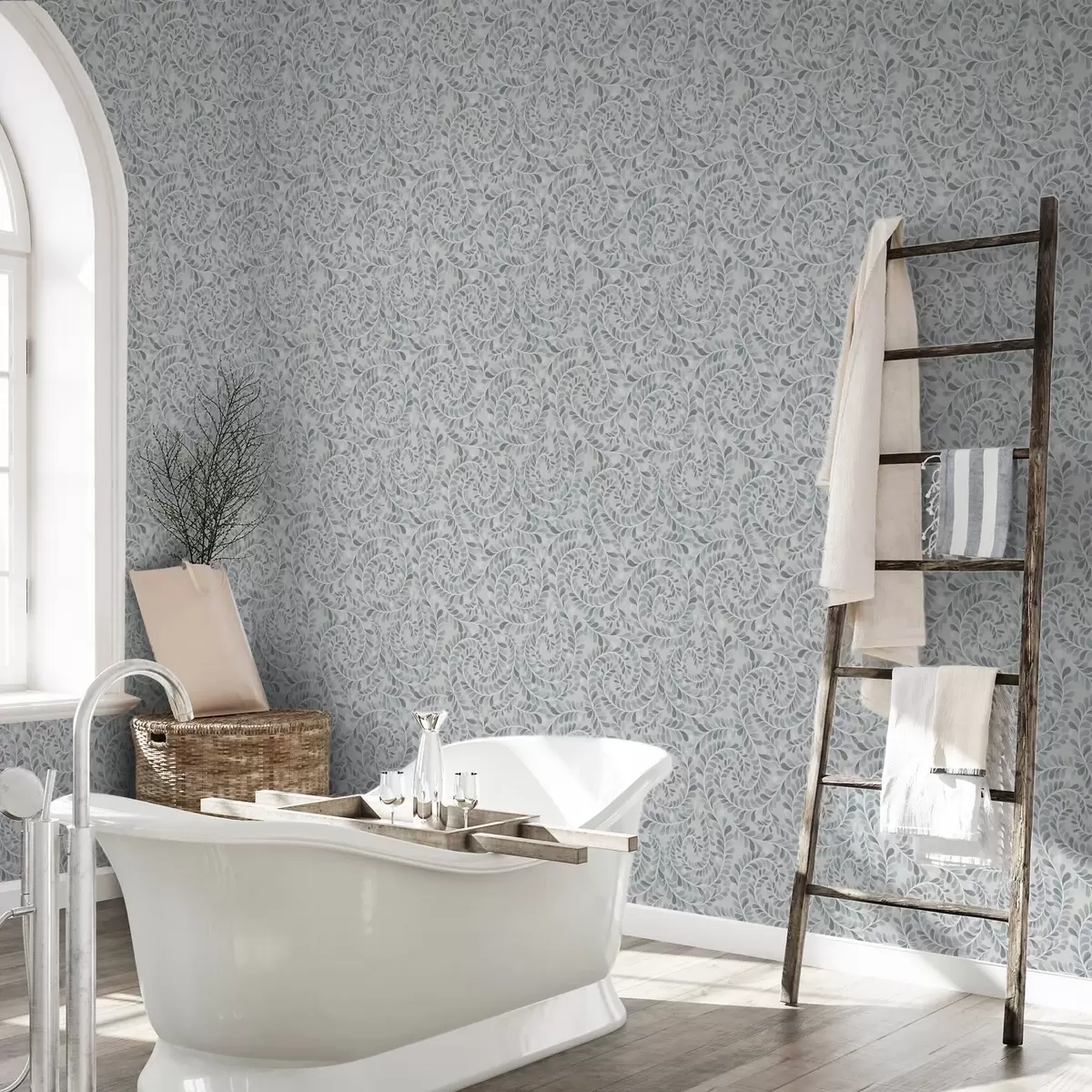 Tapete Spiralförmige Blätter in einer blaugrau-grünen Farbpalette a00602