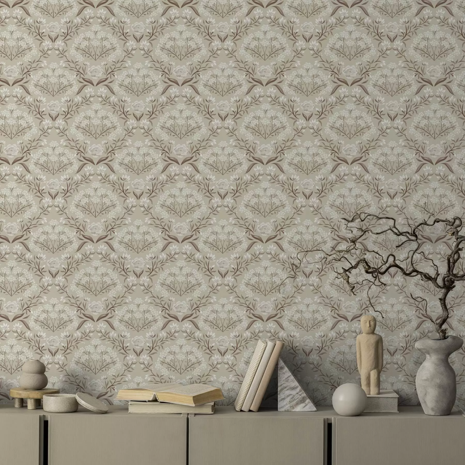 fototapeter Beige damask: pæoner, vintergækker og blondeklynger a00603v1