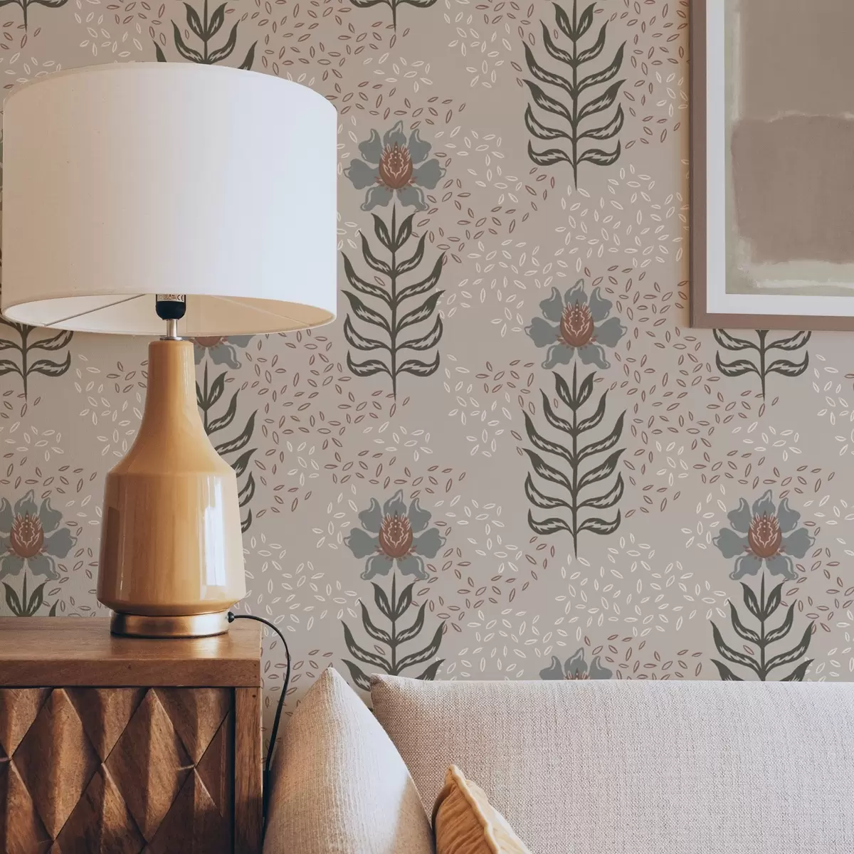 Tapete Stilisierte Blumen und Samen auf warmem Beige a00604