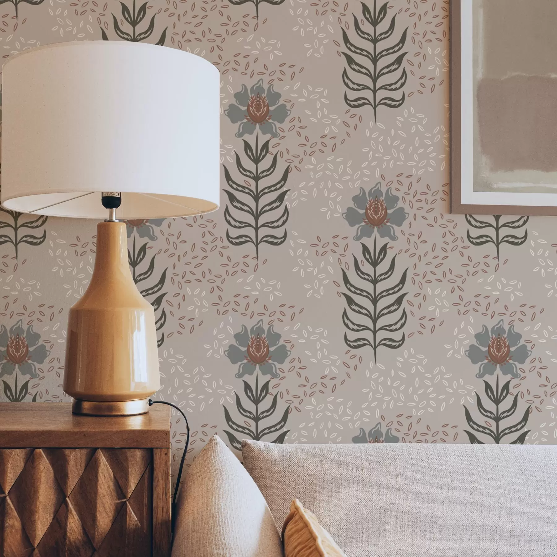 fototapeter Stiliserede blomster og frø på varm beige a00604