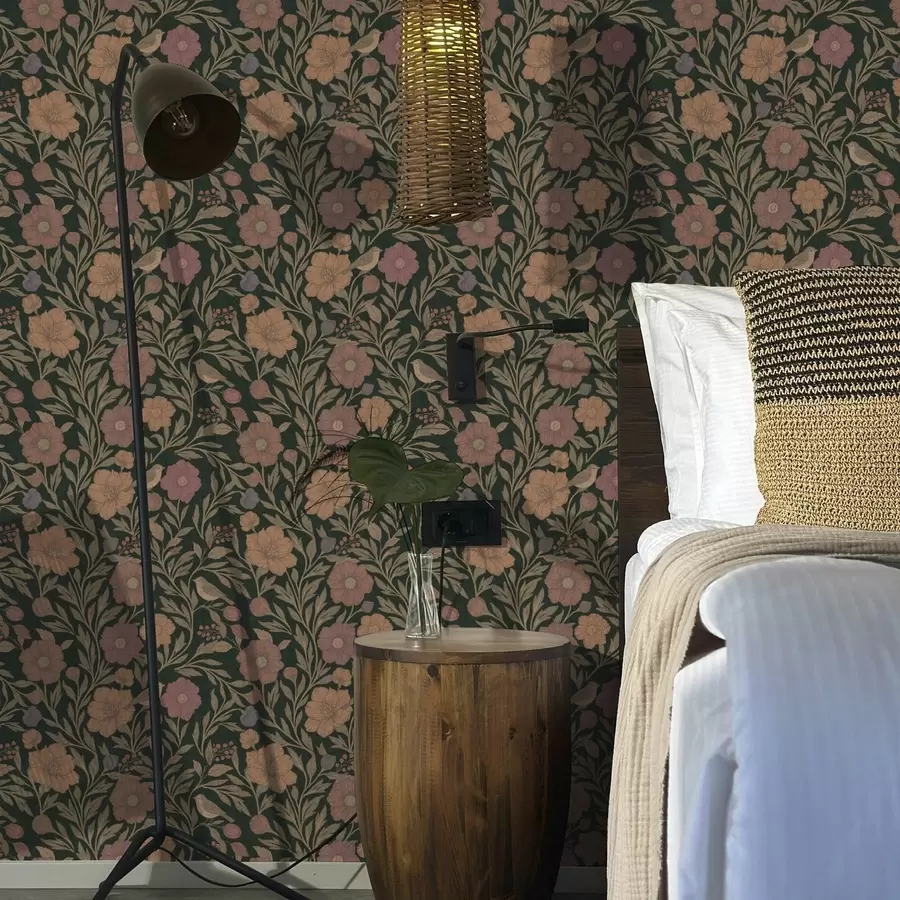 Fototapete Herbstblumen und Vögel auf tiefem smaragdgrünem Hintergrund a00605v1