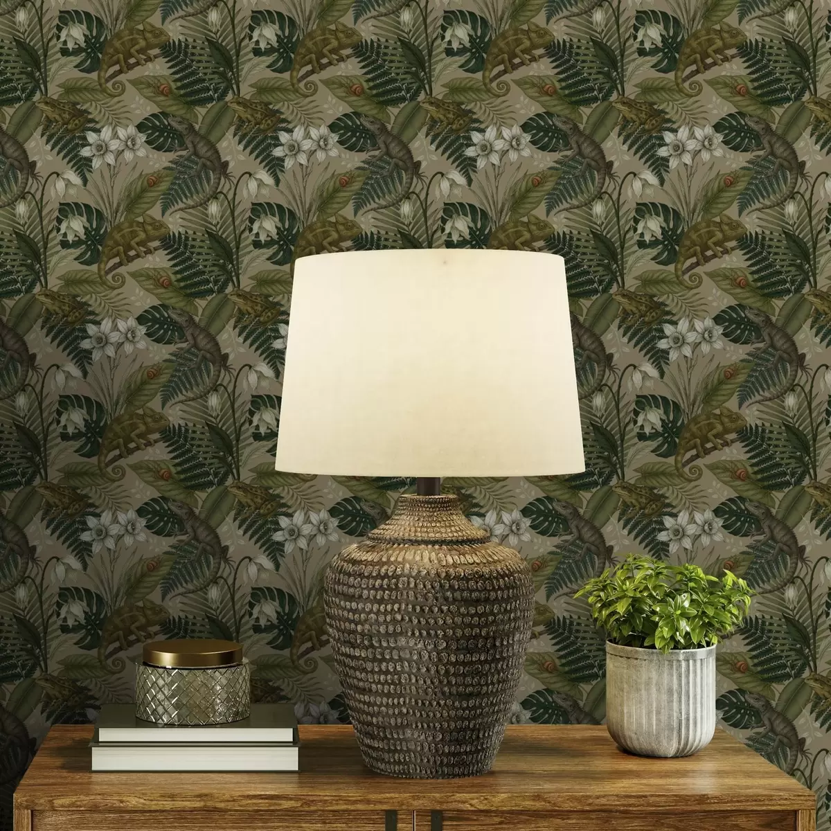 Baggrund Kamæleoner og tropiske blade, hvide blomster, beige baggrund a00608