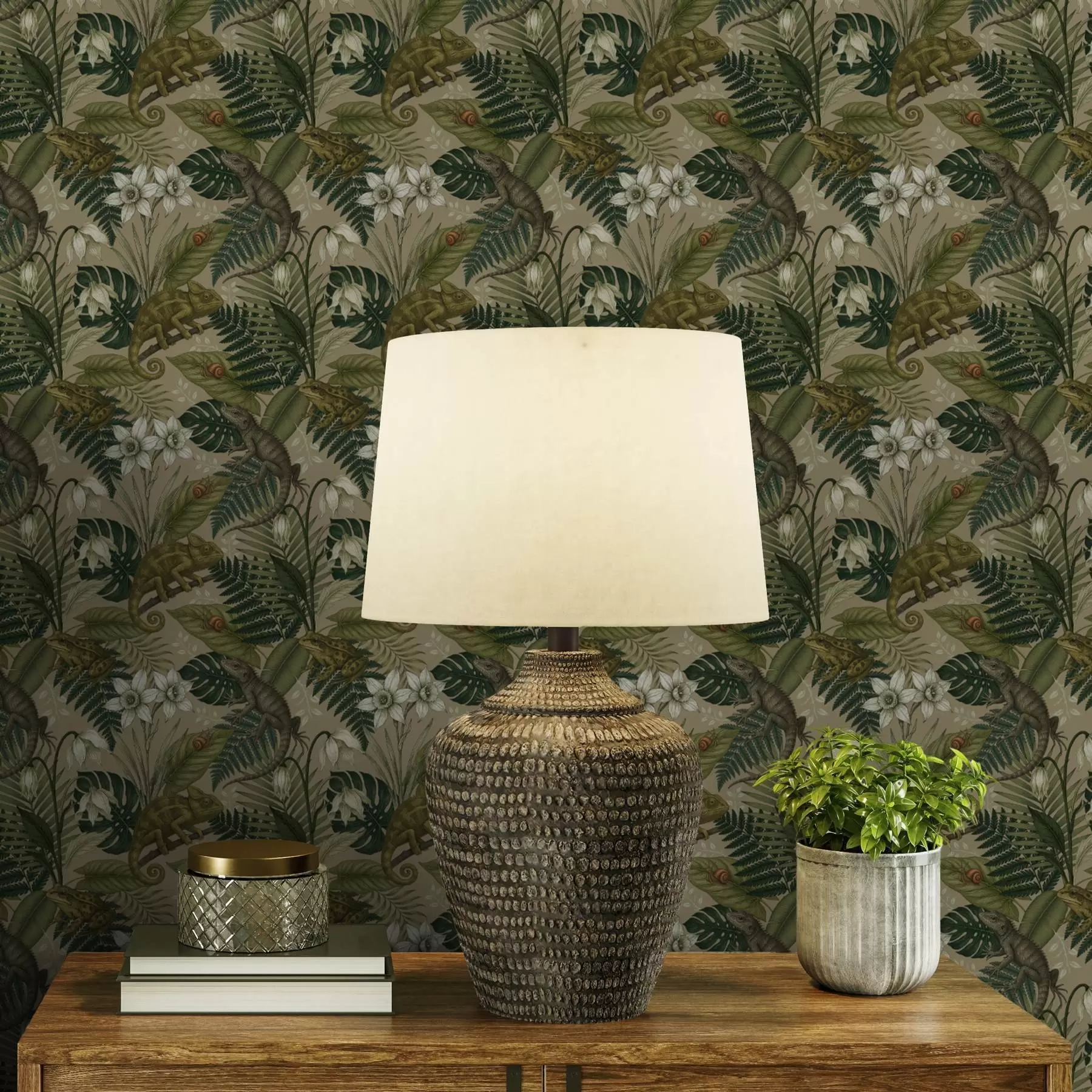 Murale Caméléons et feuilles tropicales, fleurs blanches, fond beige a00608