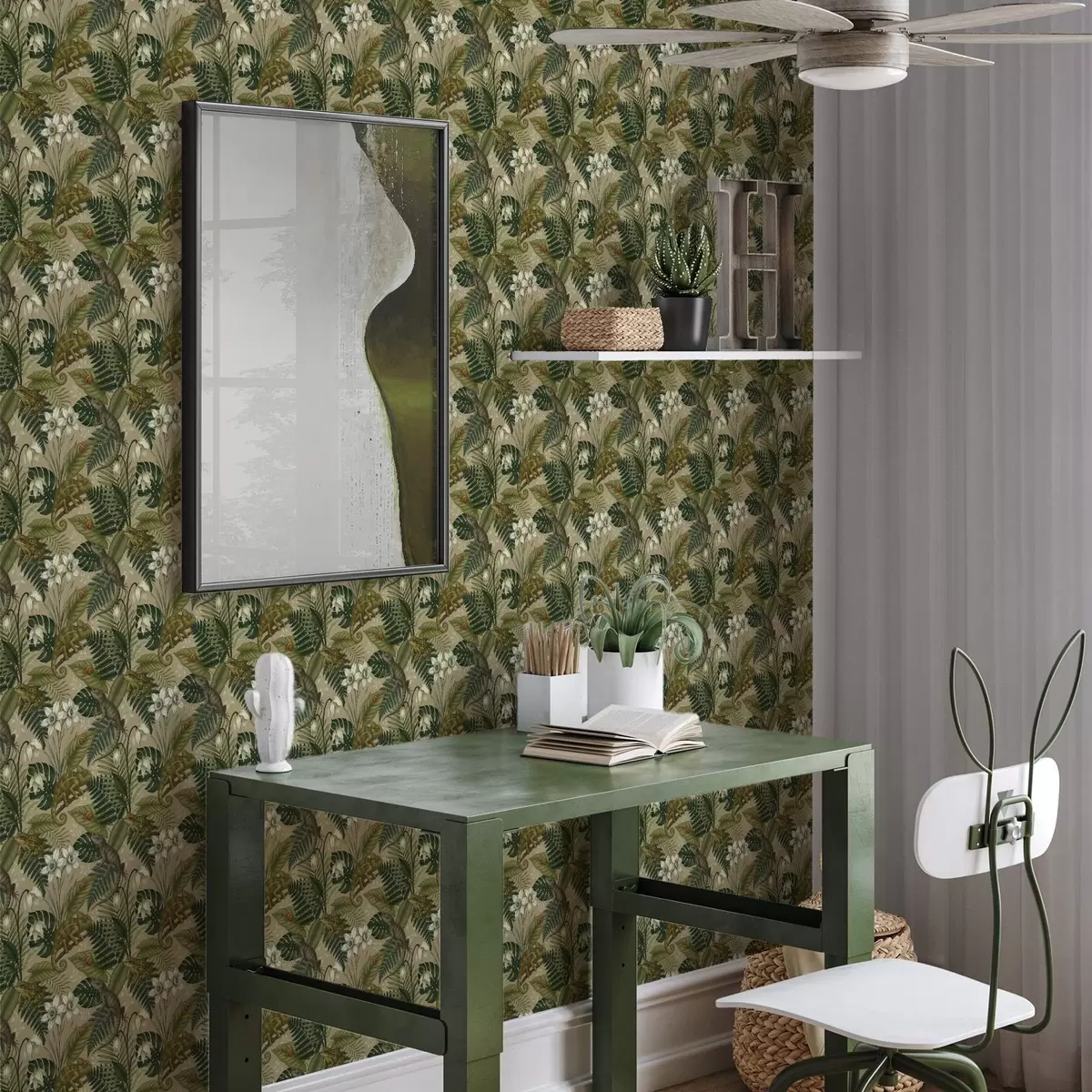 Tapete Chamäleons und tropische Blätter, weiße Blumen, beiger Hintergrund a00608