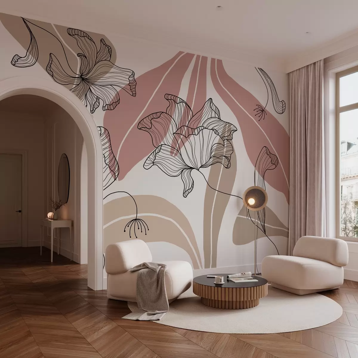 Fototapete abstrakte Blätter und Blüten in pudrigen und beigen Farbtönen w04499