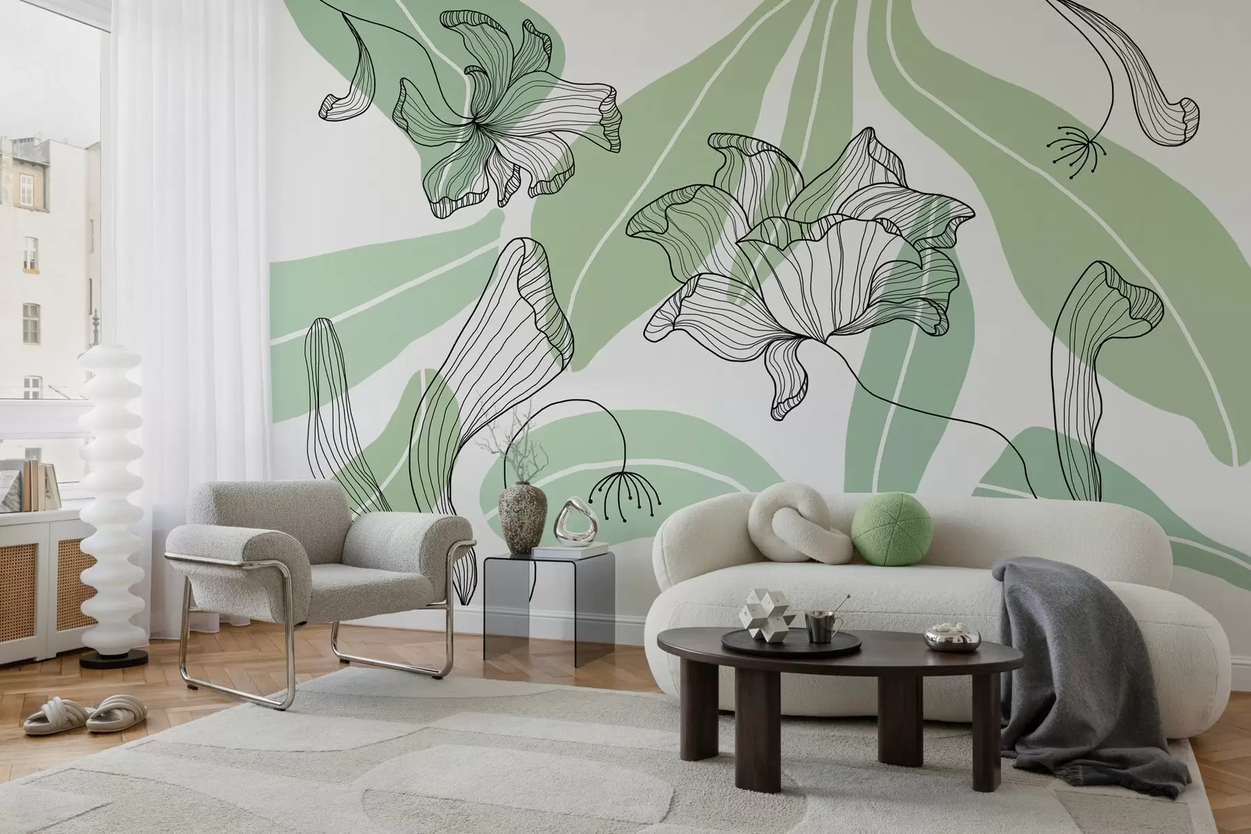 Fototapete abstrakte Blätter und Blumen in Grüntönen w04499v1