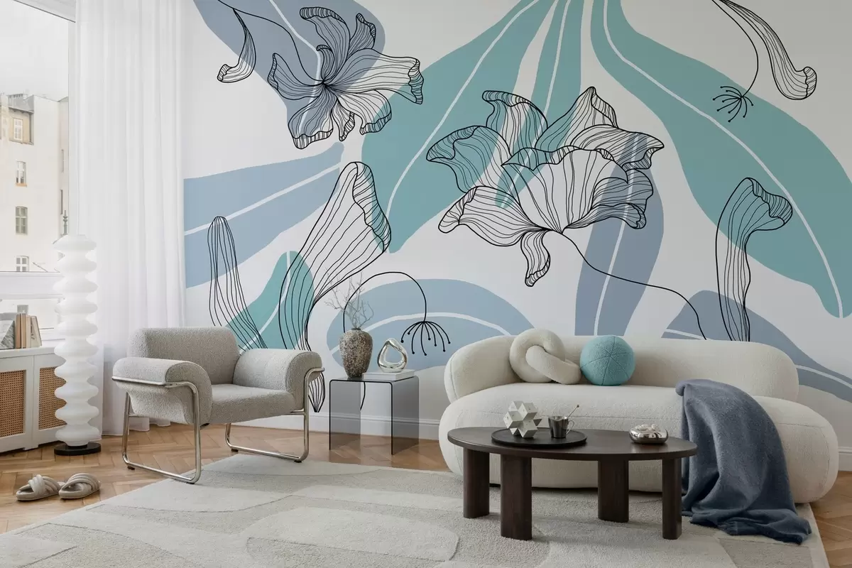 Murale feuilles et fleurs abstraites dans les tons bleus w04499v2