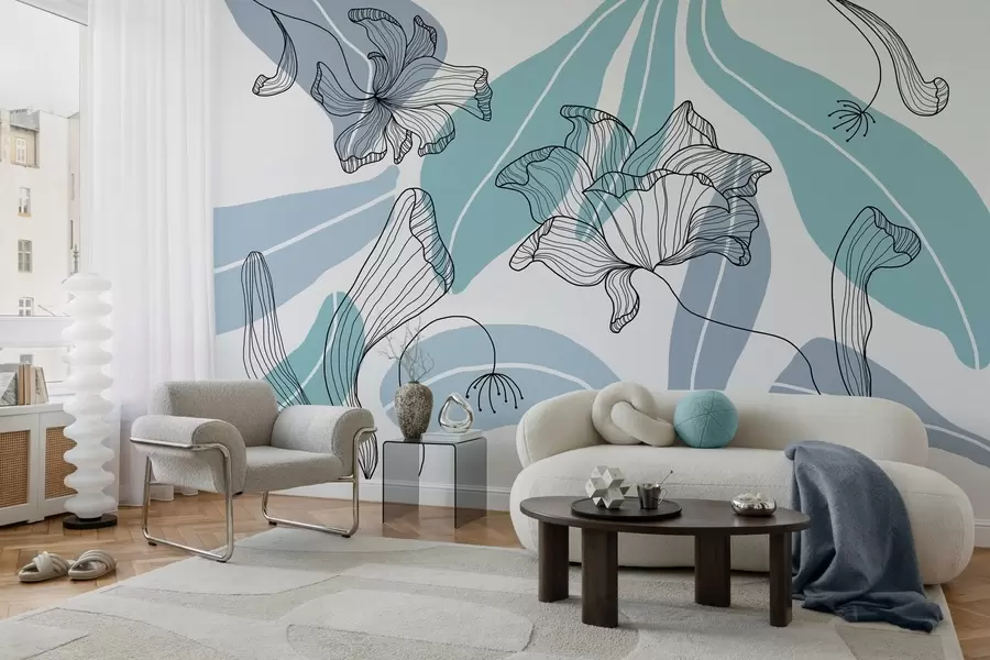 fototapeter abstrakte blade og blomster i blå nuancer w04499v2