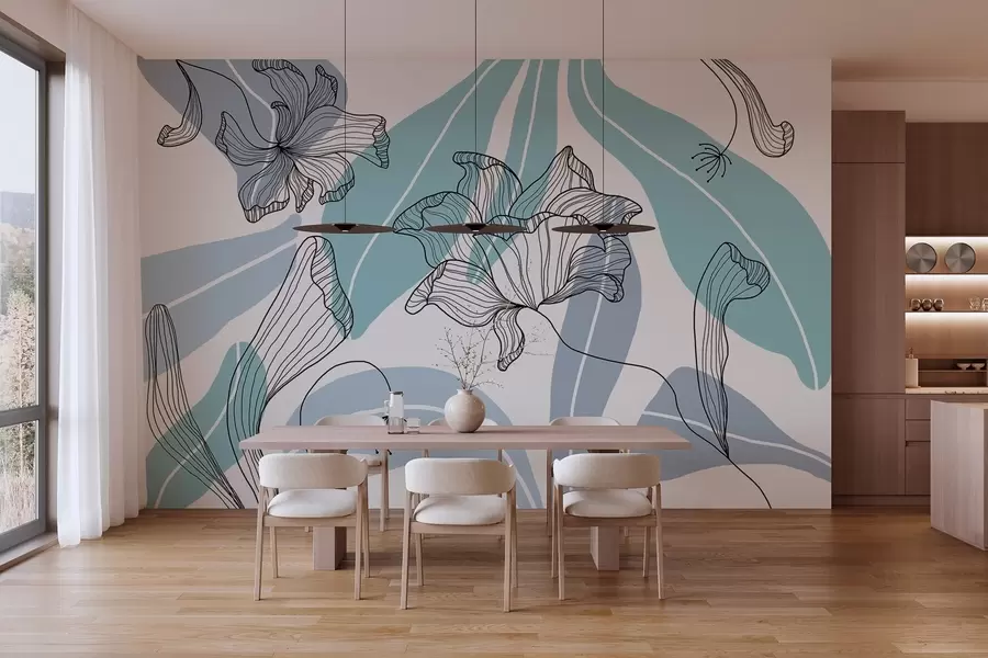 fototapeter abstrakte blade og blomster i blå nuancer w04499v2