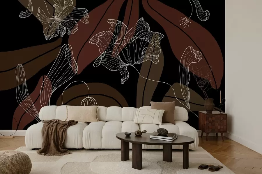 Fototapete abstrakte Blätter und Blüten in pudrigen und beigen Farbtönen auf dunklem Hintergrund w04499v3