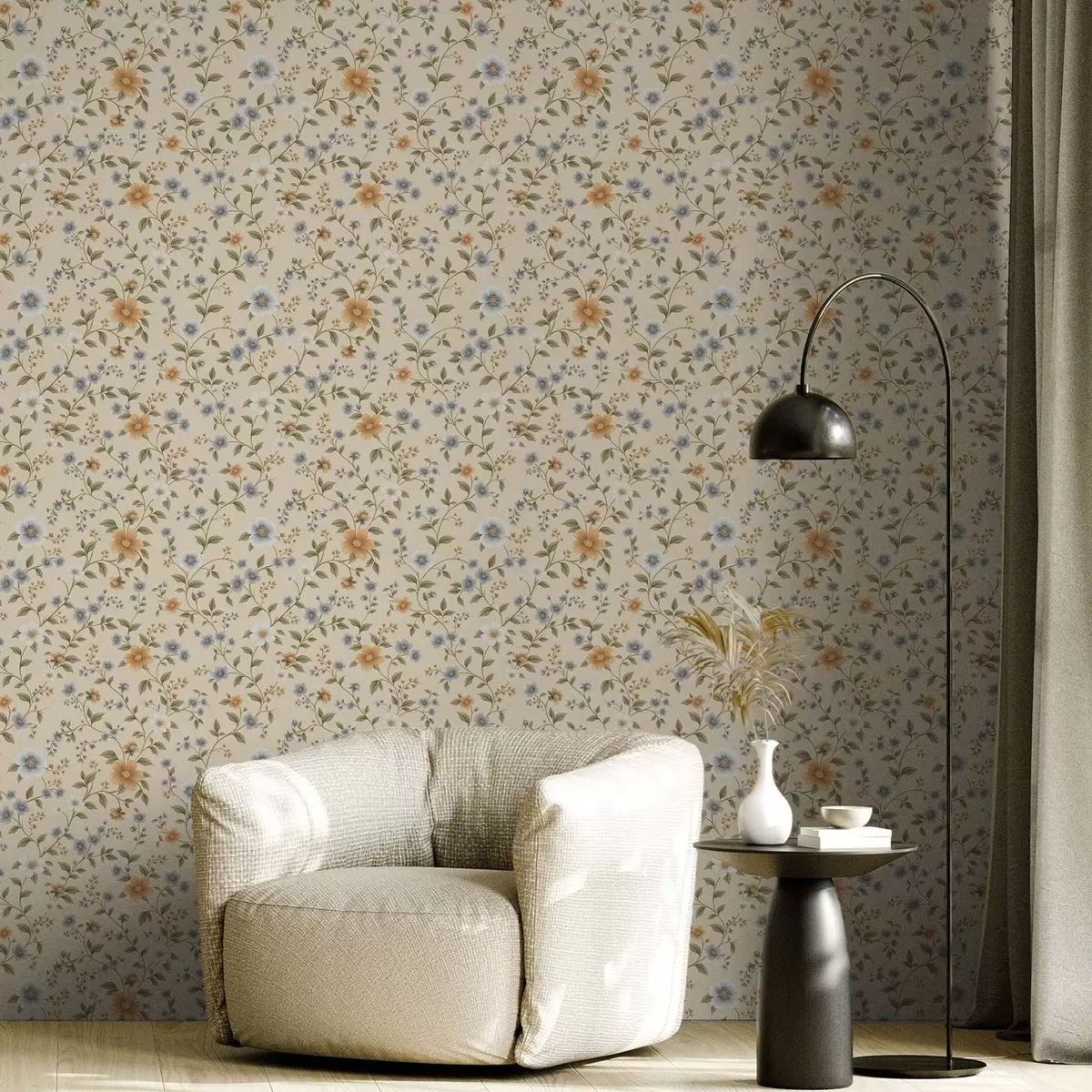 Papier peint Branches fleuries avec des fleurs bleues et pêche a00575