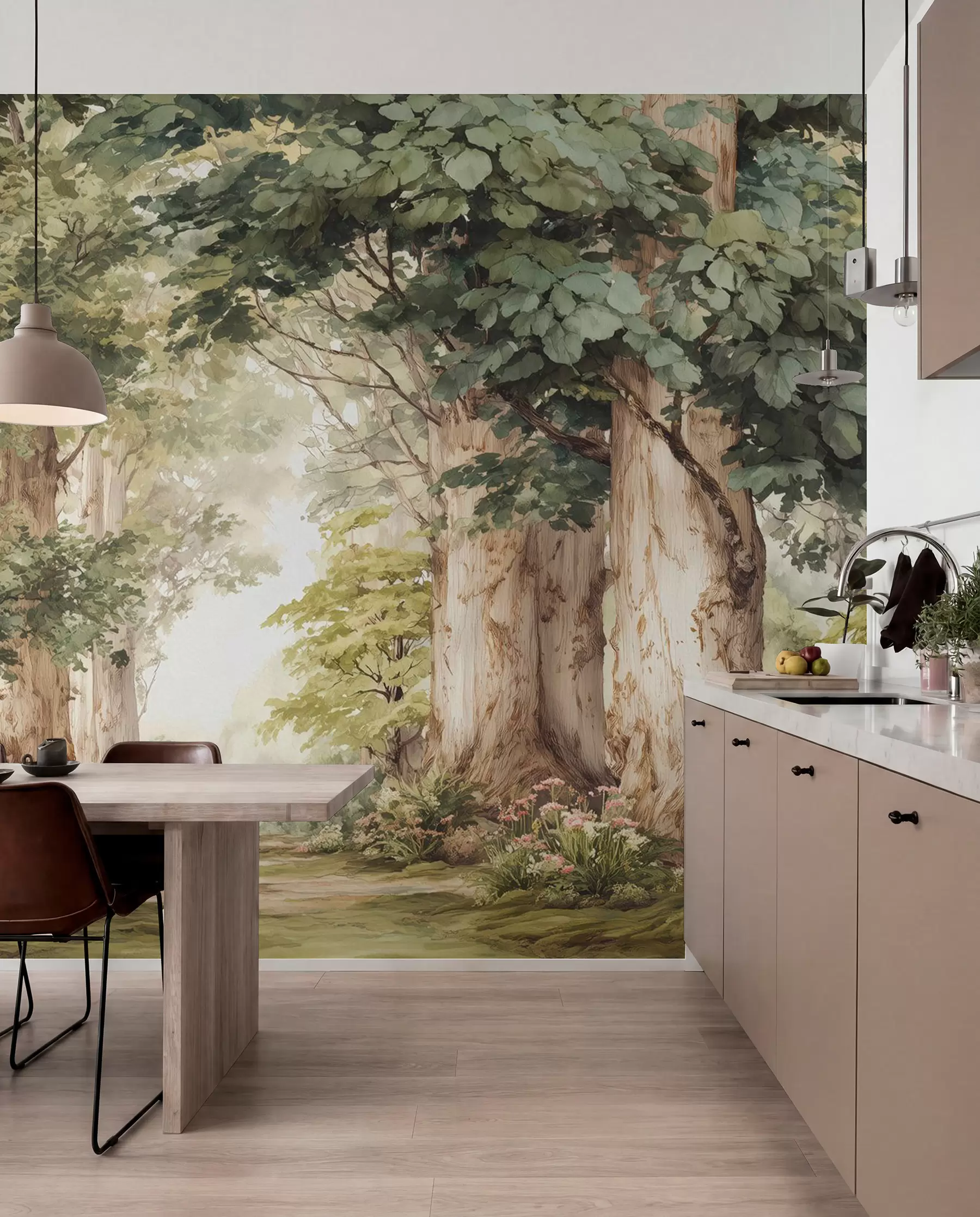 Murale Sentier forestier parmi des arbres majestueux, style aquarelle w09404