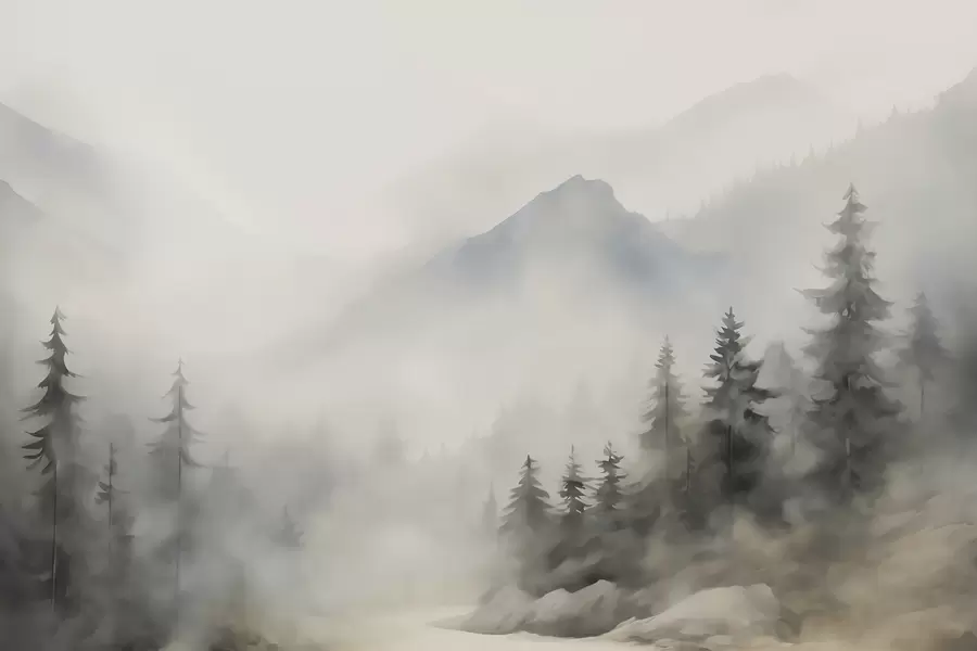 Murale Forêt dans le brouillard avec les montagnes en arrière-plan w04493