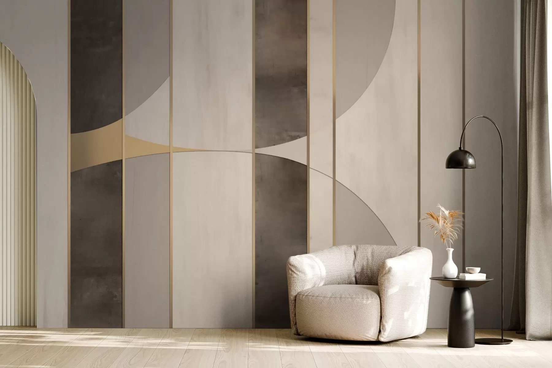 fototapeter Geometriske paneler med buer og champagnefarvede accenter w04616