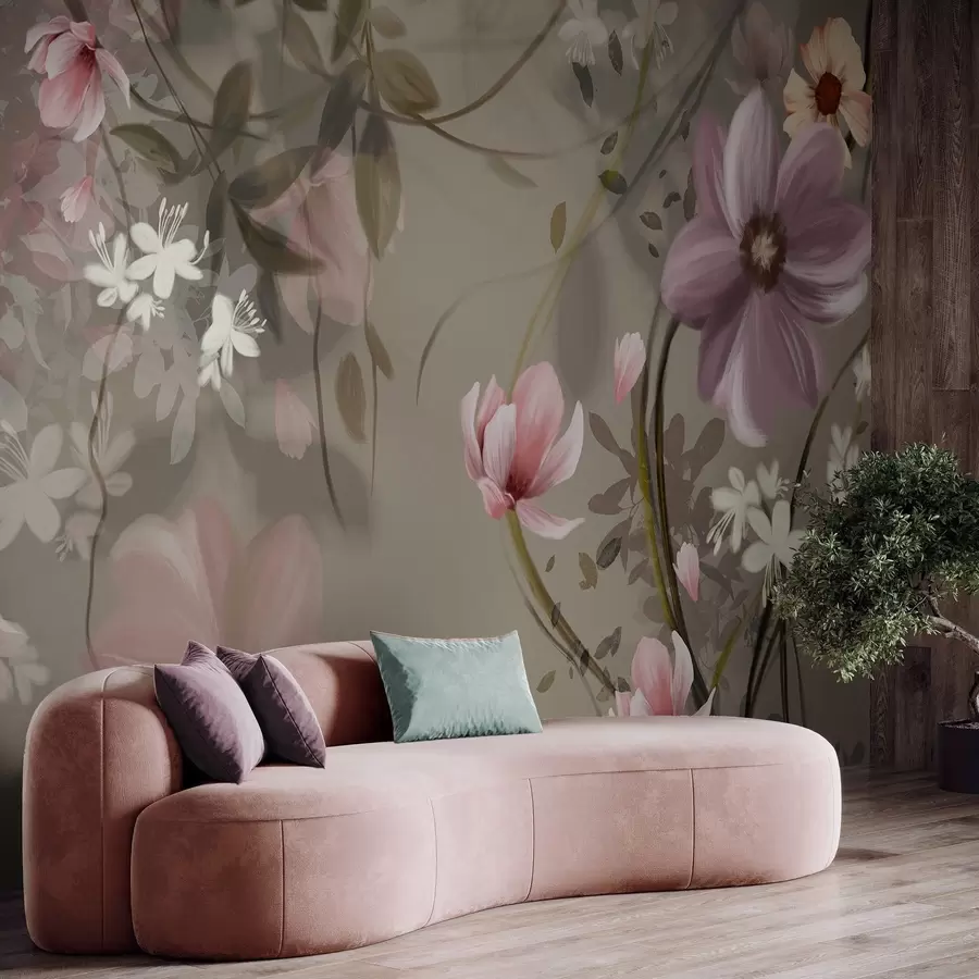 Fototapete Rosa und weiße Blumen mit braunen Stielen und Blättern, sanfte Beleuchtung, gedämpfte Farben, Blumenarrangement w09417