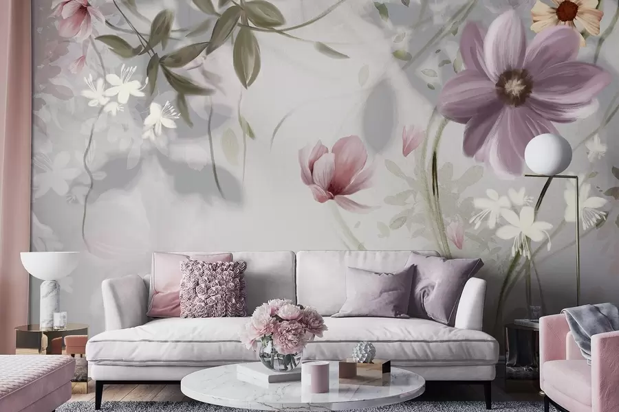 Fototapete Rosa und weiße Blumen mit grünen Stielen und Blättern, sanfte Beleuchtung, gedämpfte Farben, Blumenarrangement w09417v1