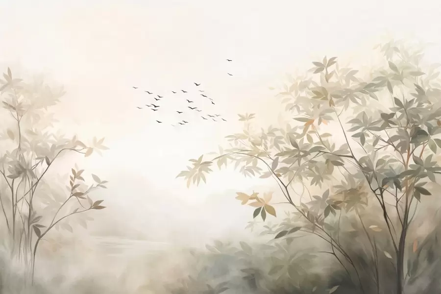 Fototapete Strukturierte Landschaft mit Bäumen und einem Vogelschwarm am Himmel, Pastellfarben, Naturszene w09418